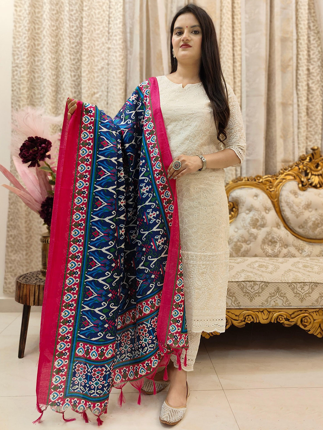 MILAAV Women Ethnic Motifs Embroidered Chanderi Cotton Kurta with Trousers & Dupatta
