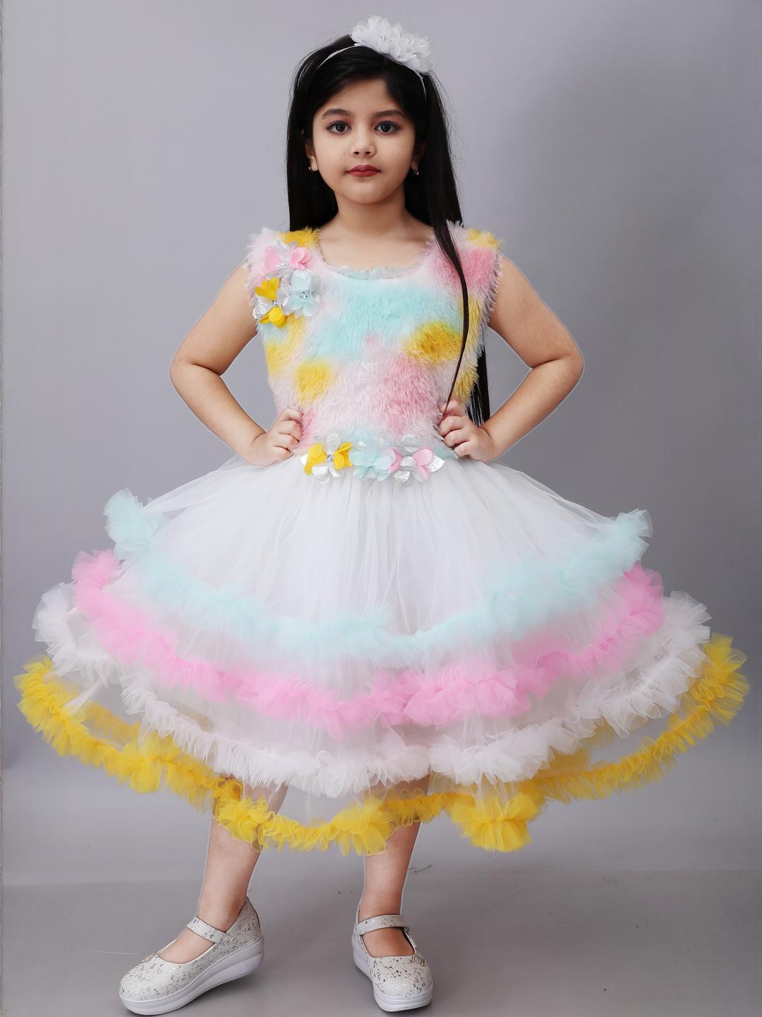 sms dressses Girls White & Pink Floral Embellished Layered Net Fit & Flare Dress