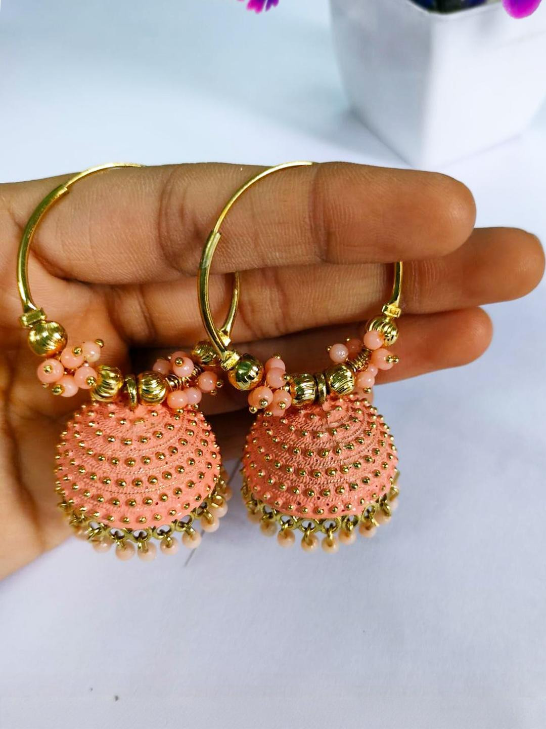 Grace Collections Women Peach & Gold-Plated Classic Jhumkas Earrings