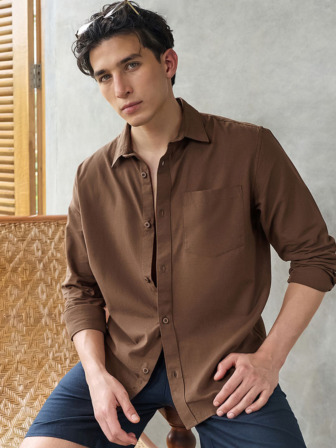 Bewakoof Men's Toffee Brown Cotton Linen Shirt