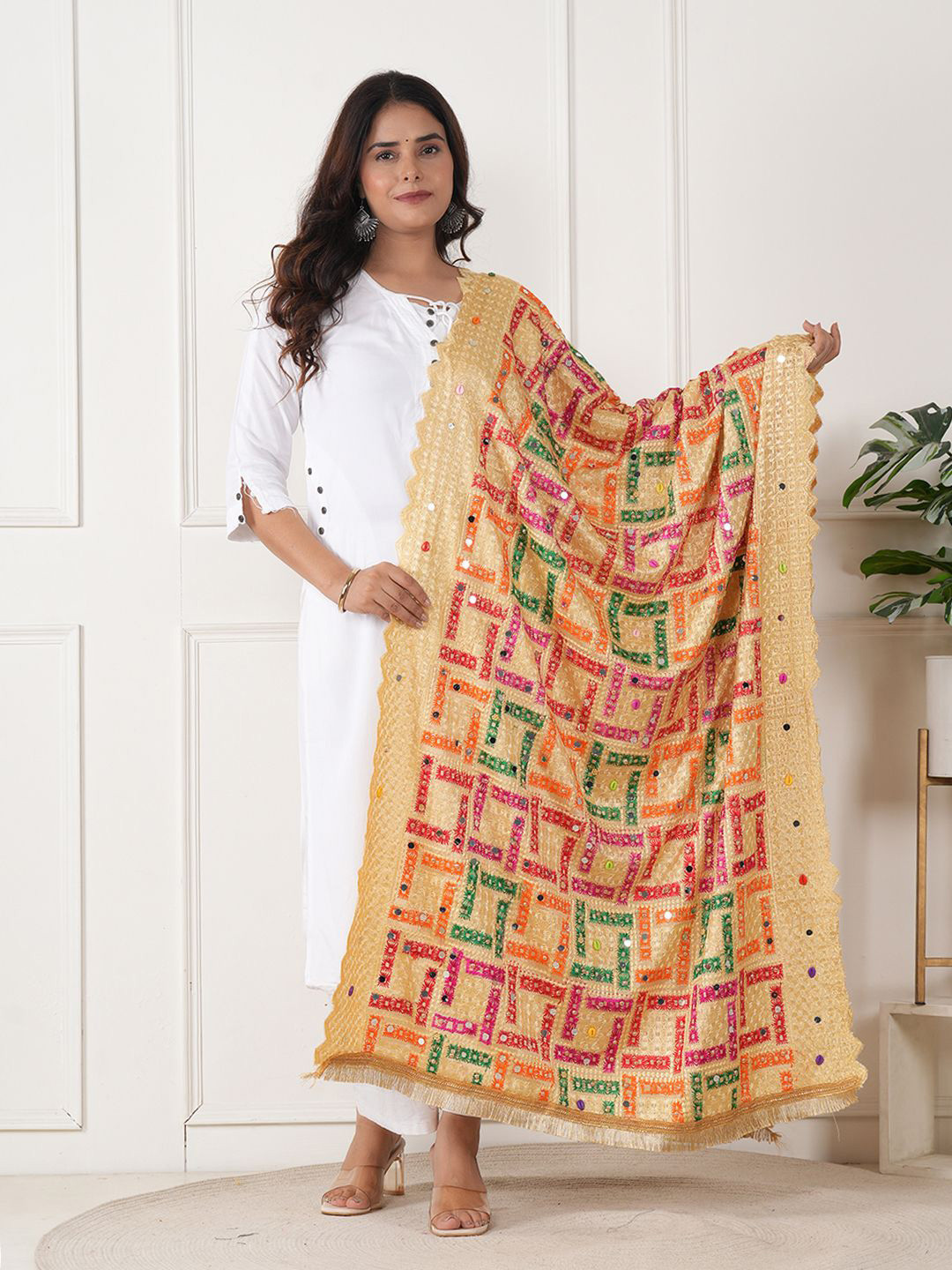 ZOOMBIE Colourblocked Block Print Mirror Work Dupatta