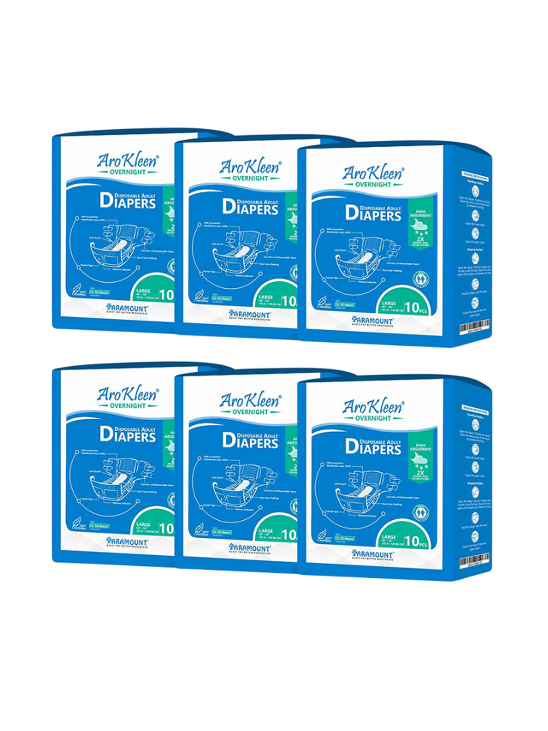 Arokleen Unisex Set Of 6 Skin Soothing Overnight Disposable Adult Diaper - L - 10 Pcs Each