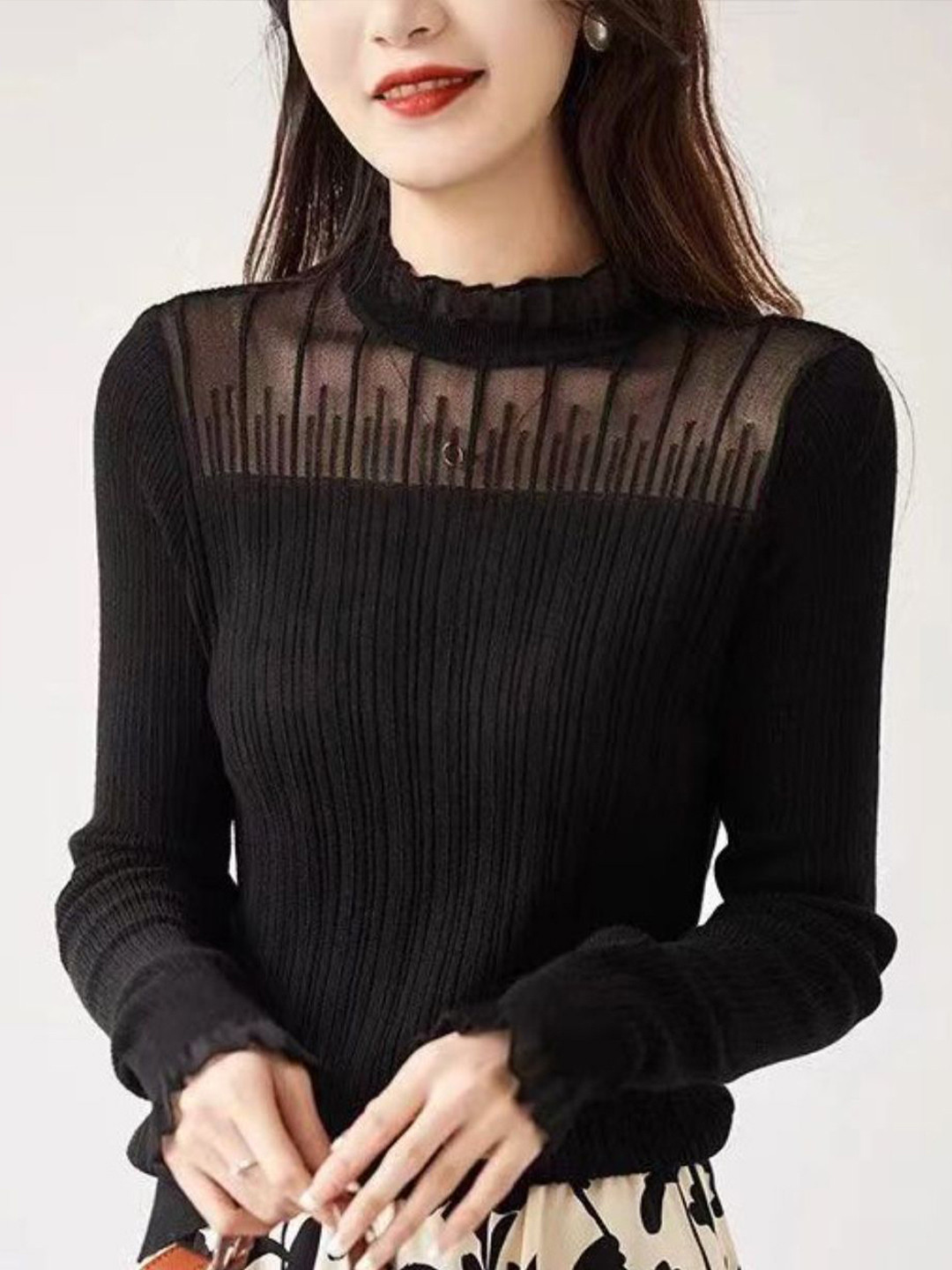 StyleCast Women Ribbed Knit Top With Striped Sheer Yoke