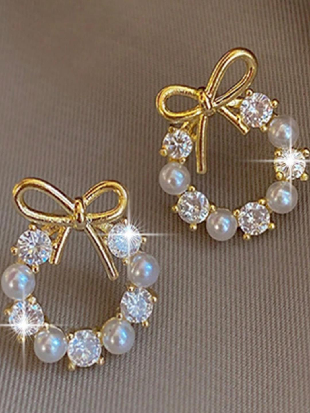 Rovlina Women Gold Plated Bow Cubic Zirconia Stone Studded Circular Studs Earrings