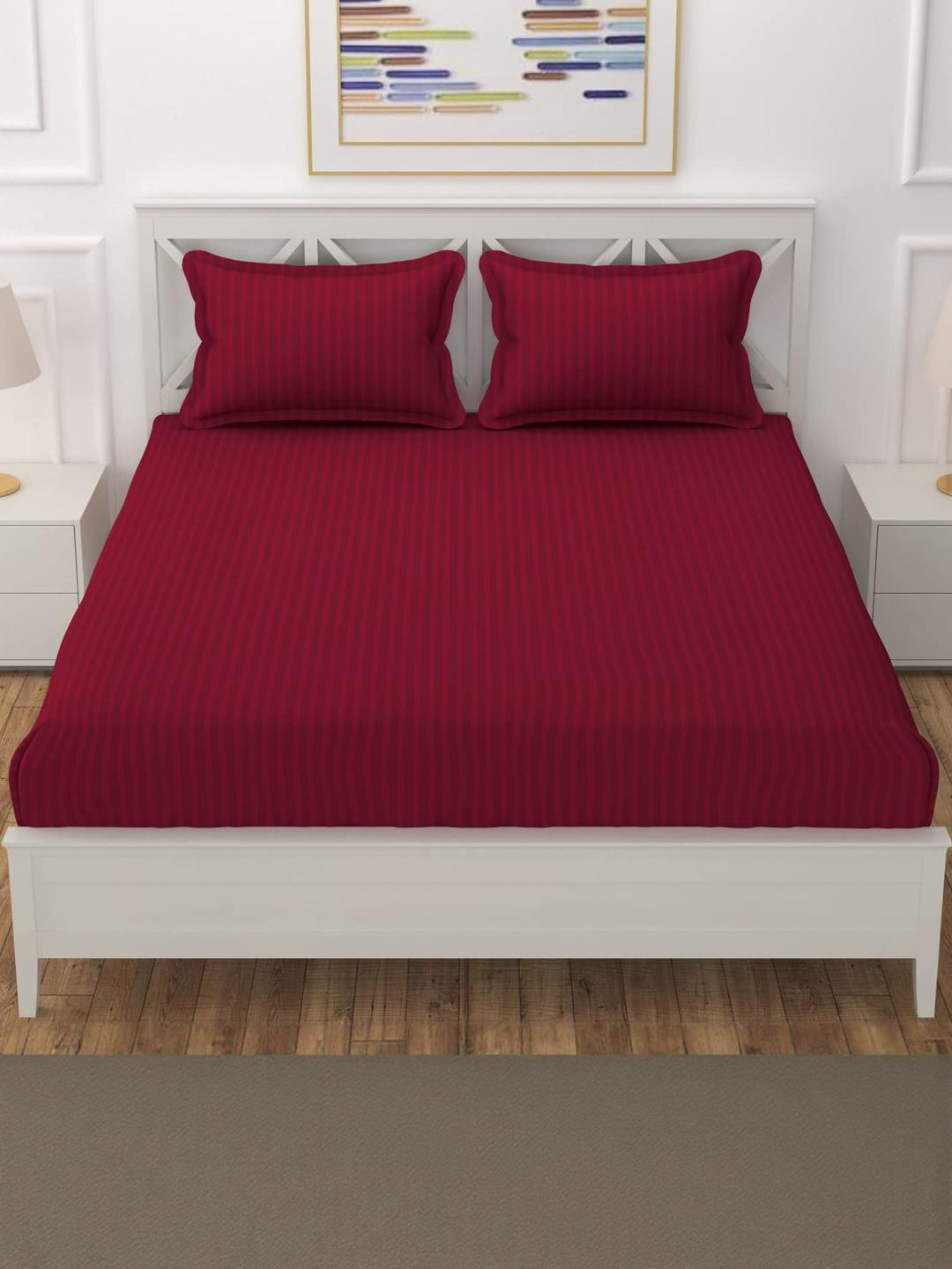 Fabture Maroon Striped Satin 250 TC Queen Bedsheet With 2 Pillow Covers