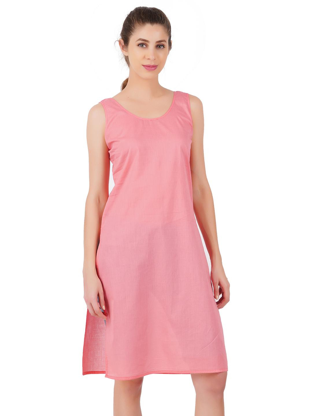 Happy Bunny Women Shell Pink & White Cotton Knee Long Inner Slip for Kurti