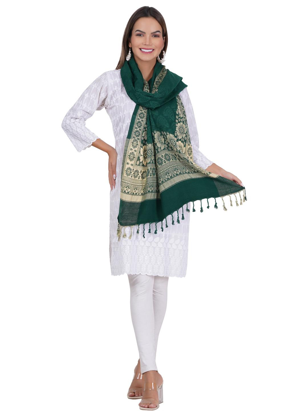 Fabture Women Green & Gold Ethnic Motifs Printed Viscose Rayon Stoles With Tassels