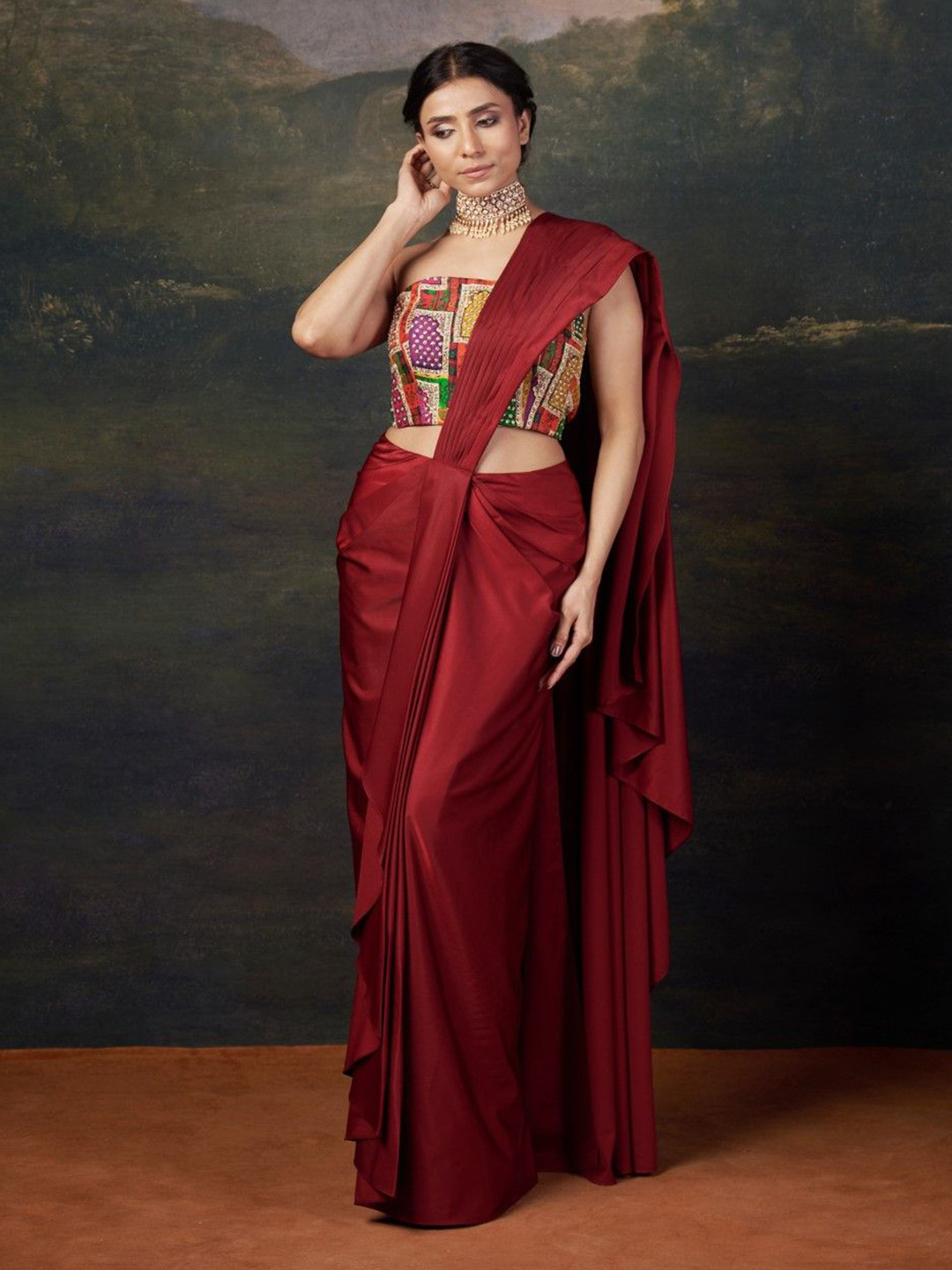 THETAA Solid Pre-Draped Saree With Embroidered Blouse