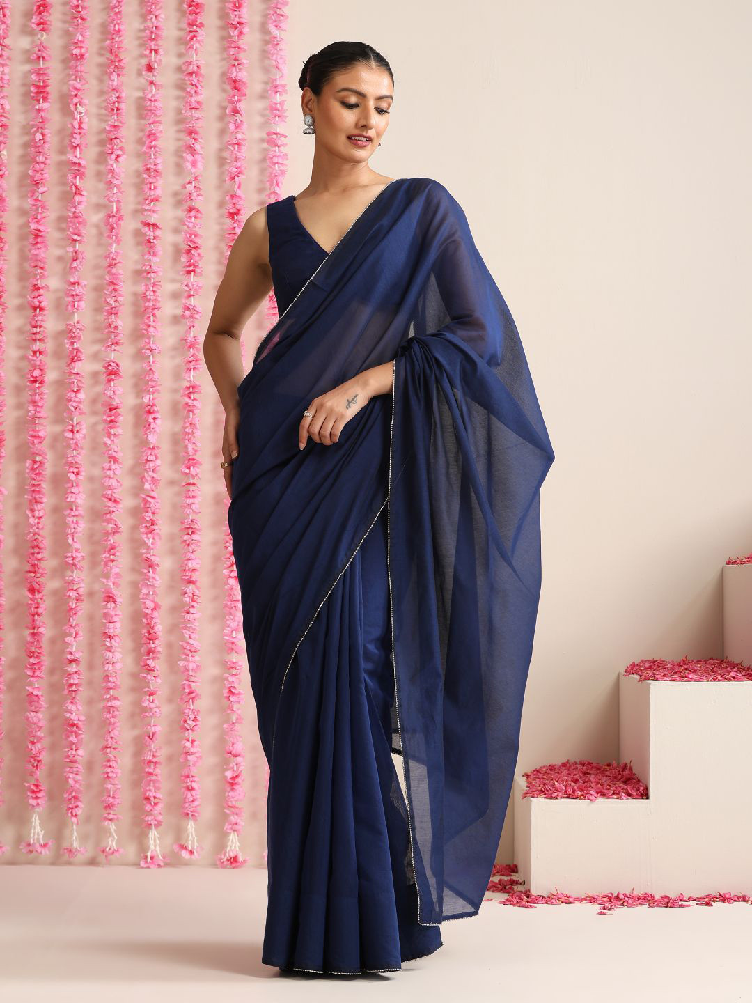 Swtantra Deep Blue Cotton Chanderi Saree with Swarovski Style Border