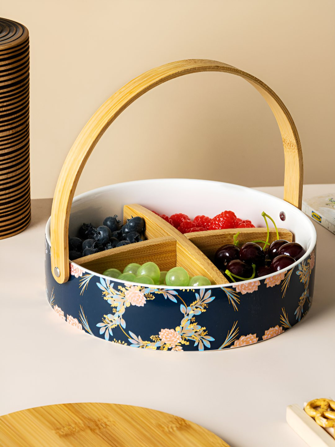White Gold Blue & Brown Printed Snack Bowl With Wooden Handle & Lid