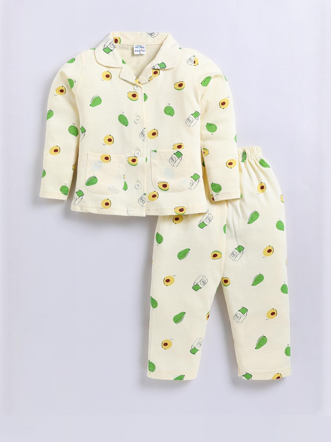 GEMINI Girls yellow floral Printed Night Suit Set