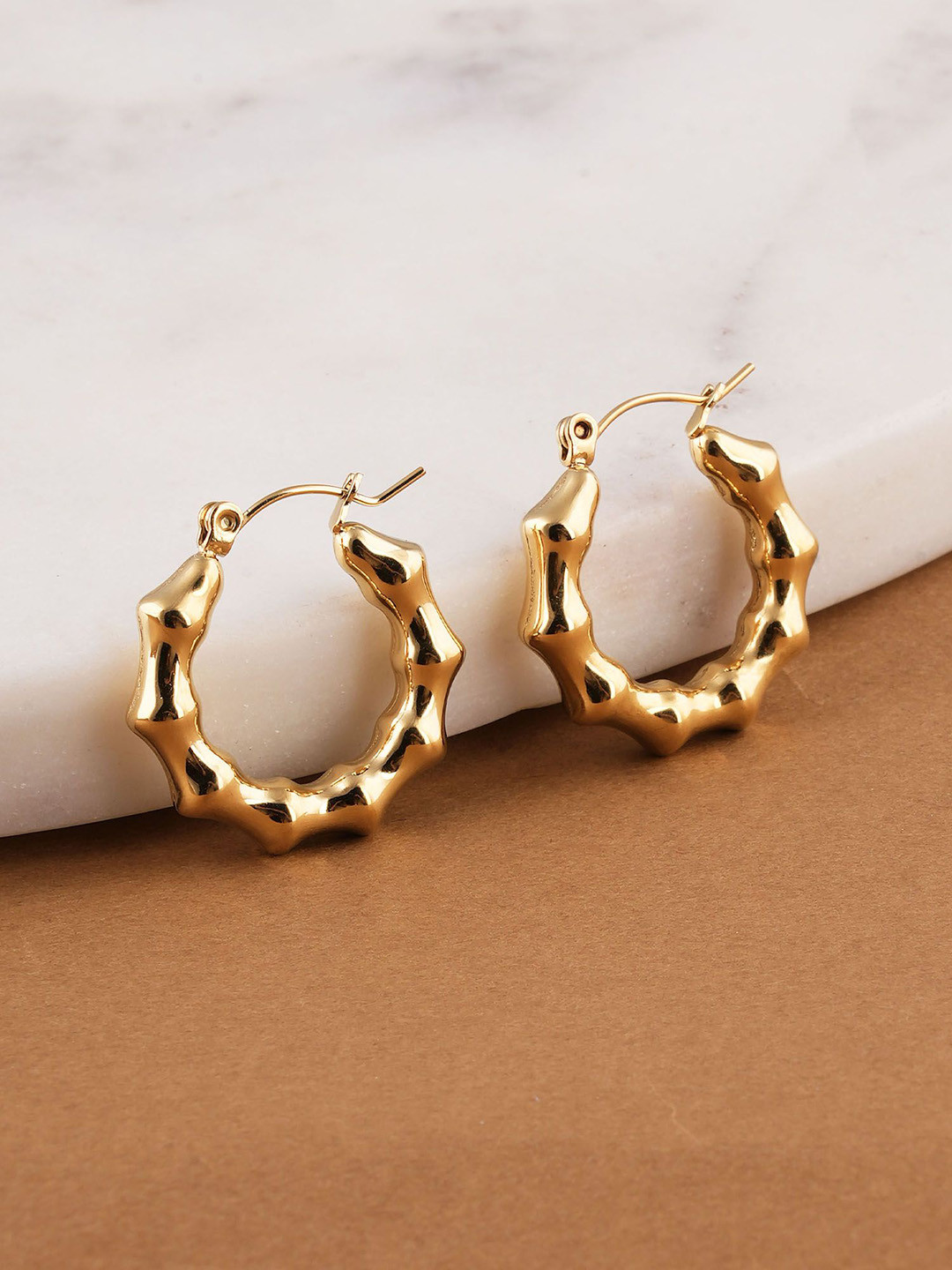 PALMONAS Gold-Plated Bamboo Statement Waterproof Hoop Earrings