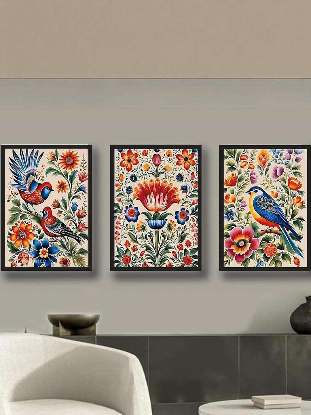 TAGVE  Pack Of 3 Black Traditional Floral & Bird Wall Art