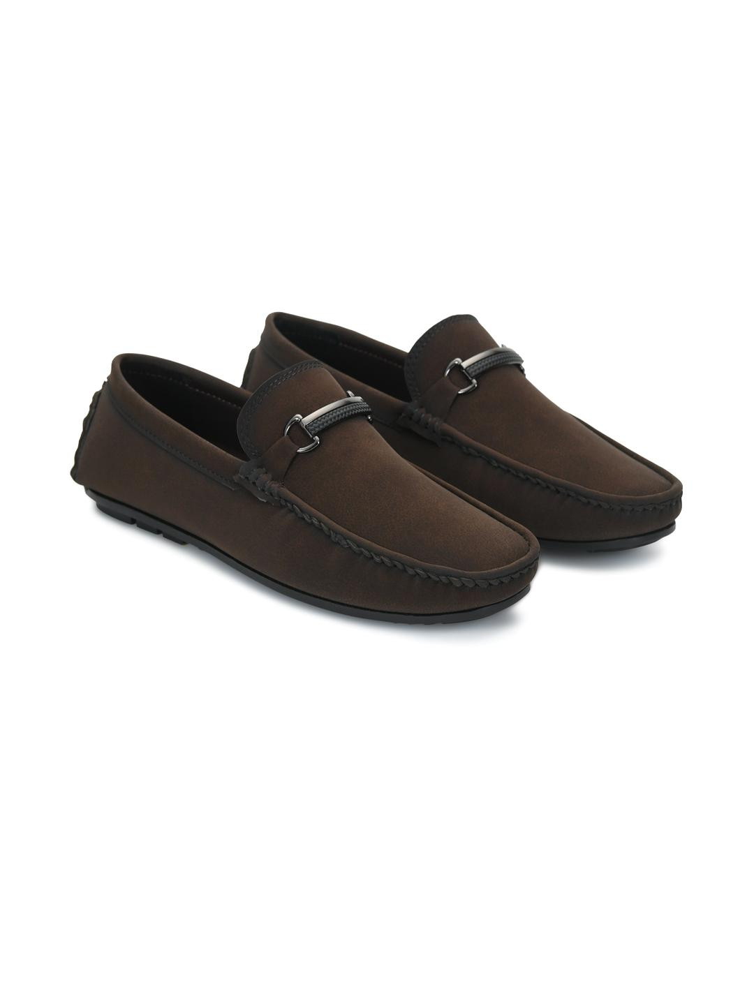 STEPHORN Men Brown Stylish Buckle Accent Suede Slip-On Loafers
