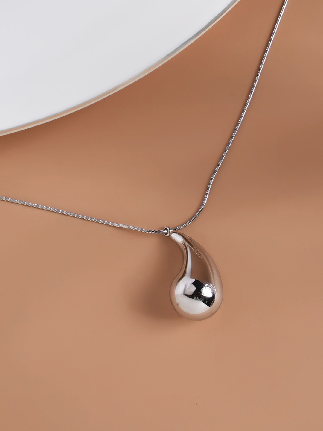 PALMONAS Rhodium-Plated Stainless Steel Teardrop-Shaped Waterproof Pendant With Chain