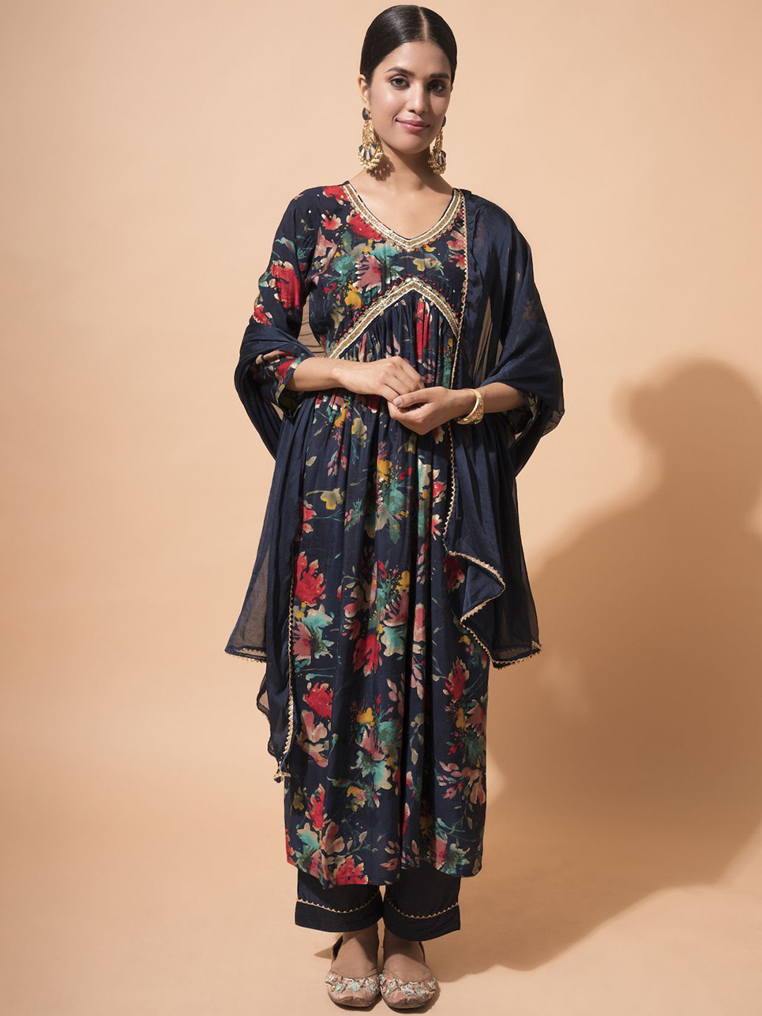 Raeth Apparels Floral Printed Gotta Patti Muslin A-Line Kurta With Trouser & Dupatta