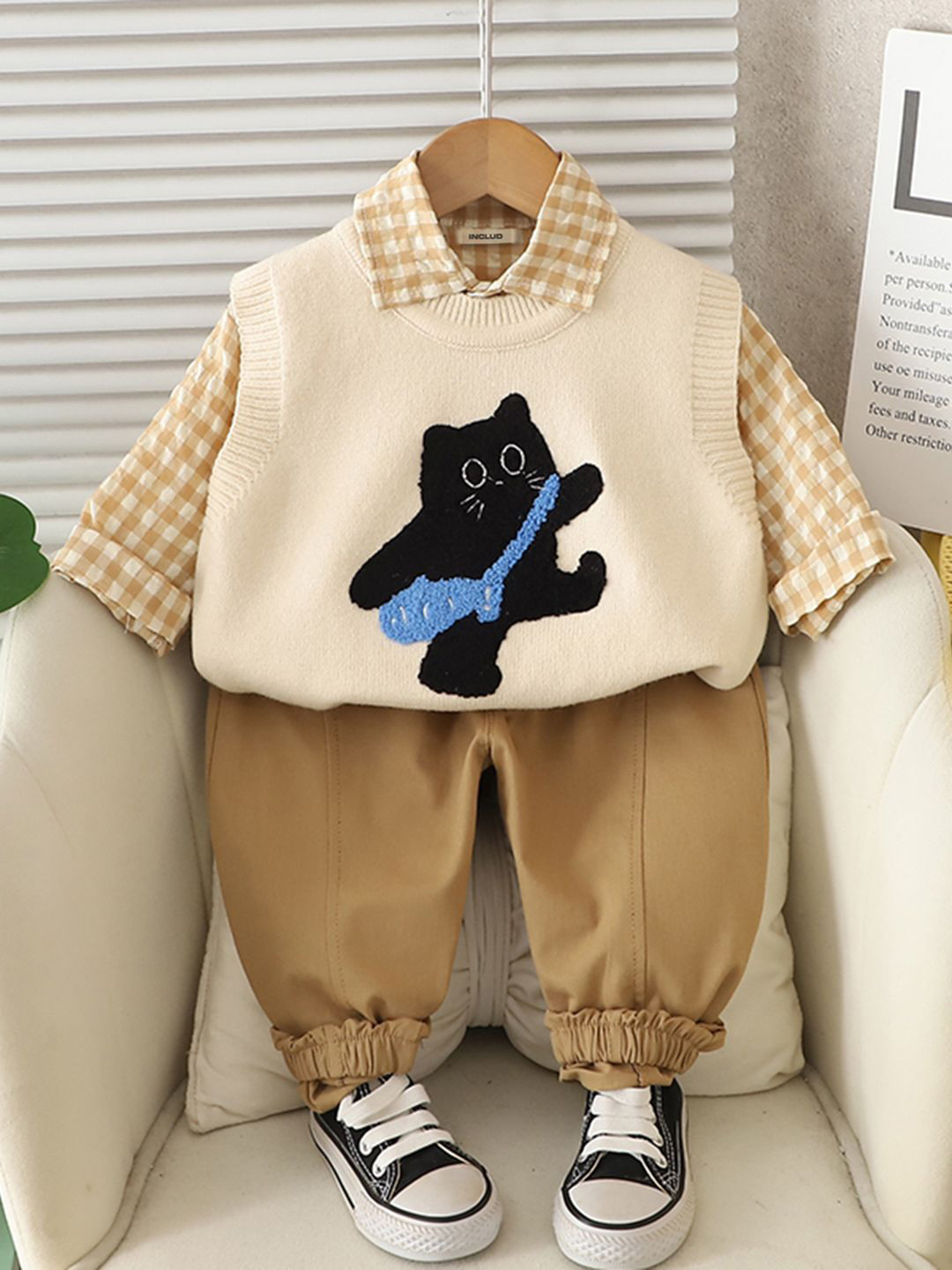 INCLUD Boys Checked Shirt With Joggers and Sweater Vest