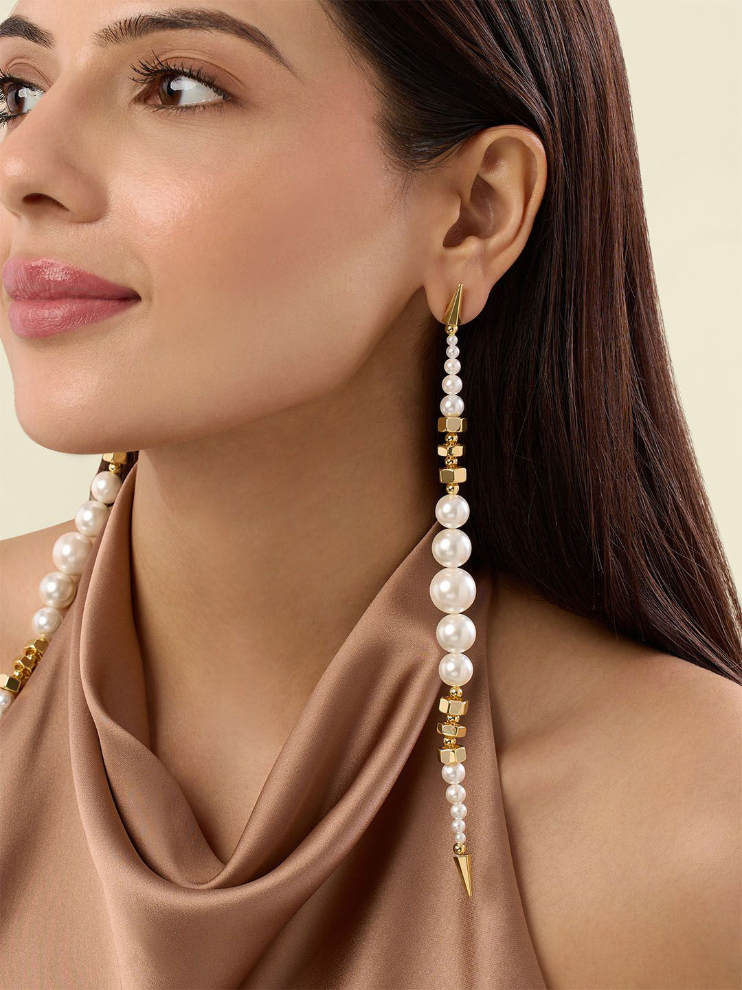 Isharya 18Kt Gold Plated Shoulder duster Pearls Contemporary Drop Earrings