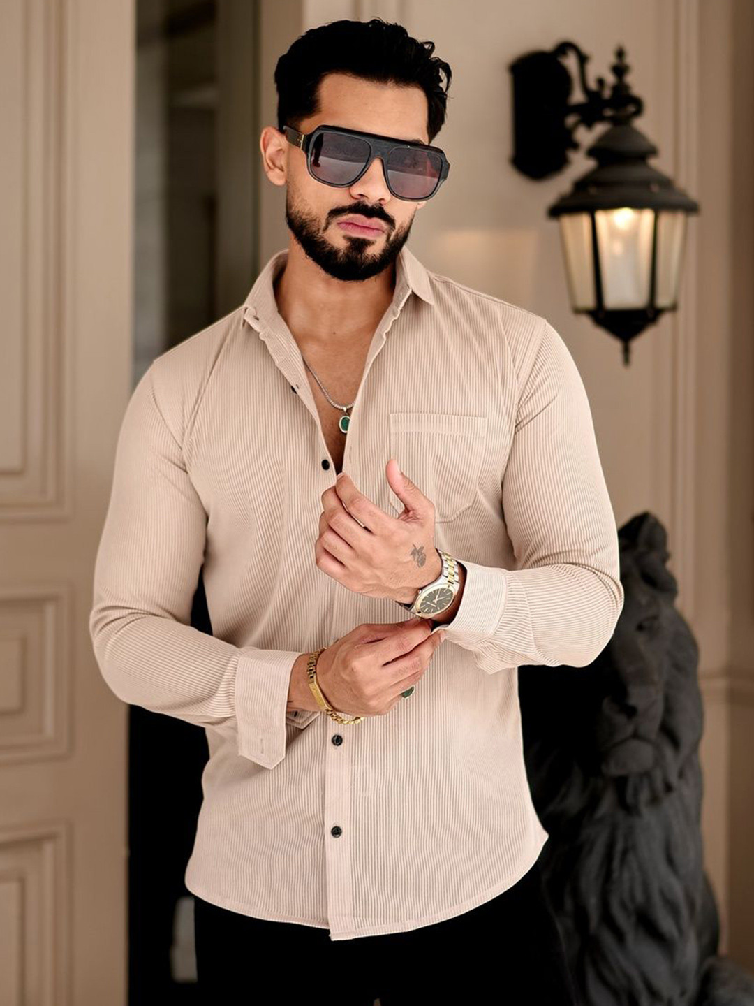 VORTEX Men Original Slim Fit Vertical Striped Spread Collar Casual Shirt