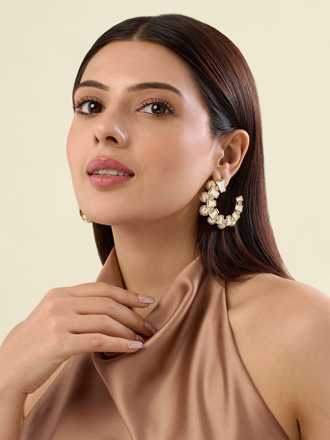 Isharya 18Kt Gold Plated Bombay Deco Mirror And Pearls Contemporary Hoop Earrings