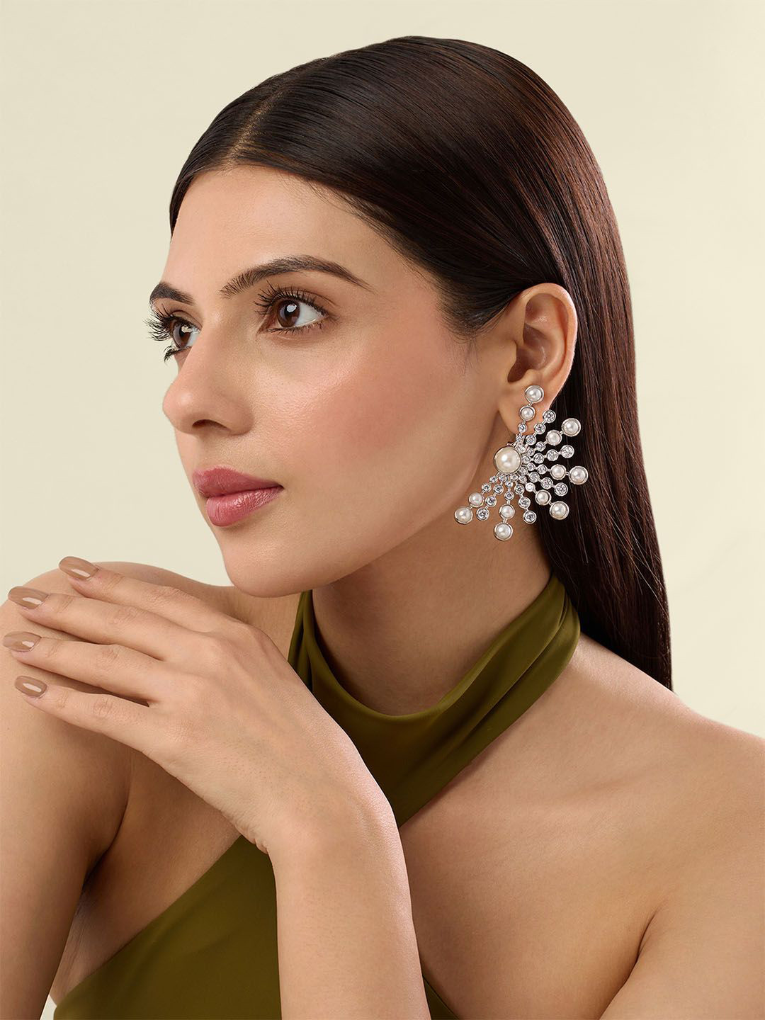 Isharya Silver Plated Modern Maharani Half Moon Starburst Contemporary Drop Earrings
