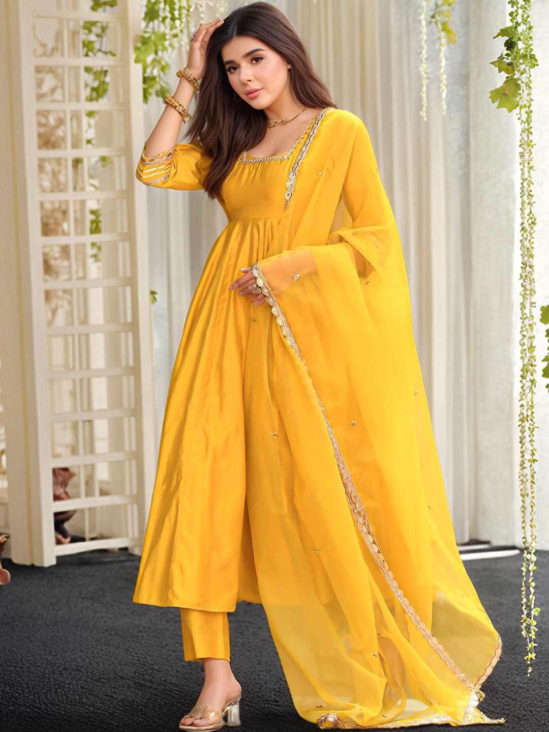 Moda Rapido Women's Anarkali Pleated Kurta With Trousers & Dupatta