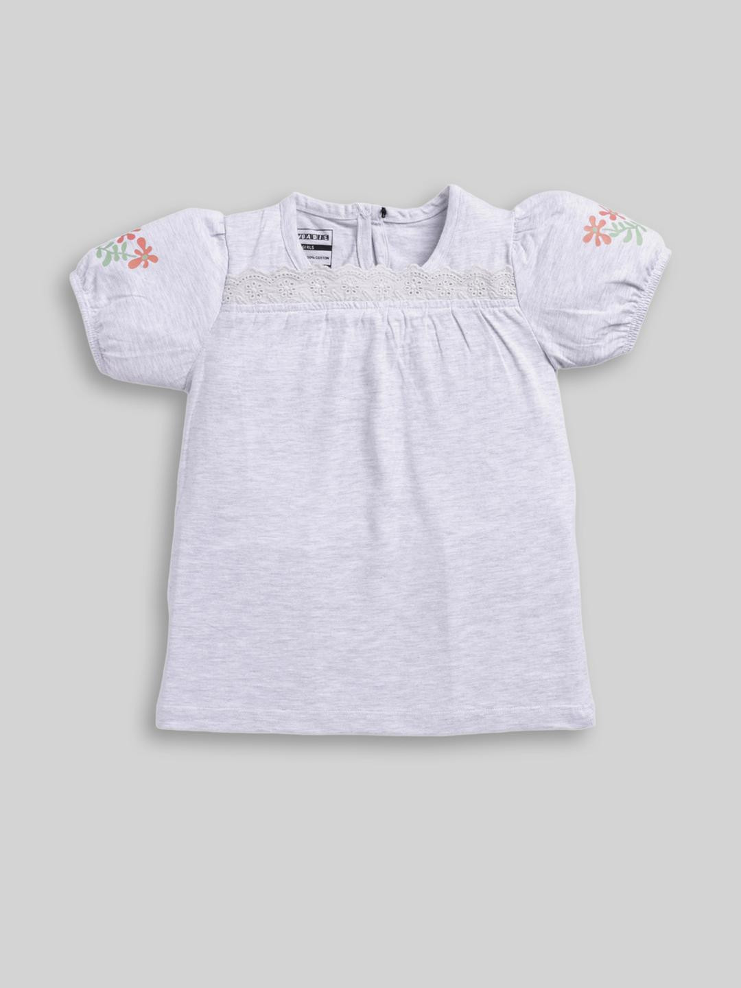 Awbabie Girls White Round Neck Puff Sleeve With Lace Cotton Top