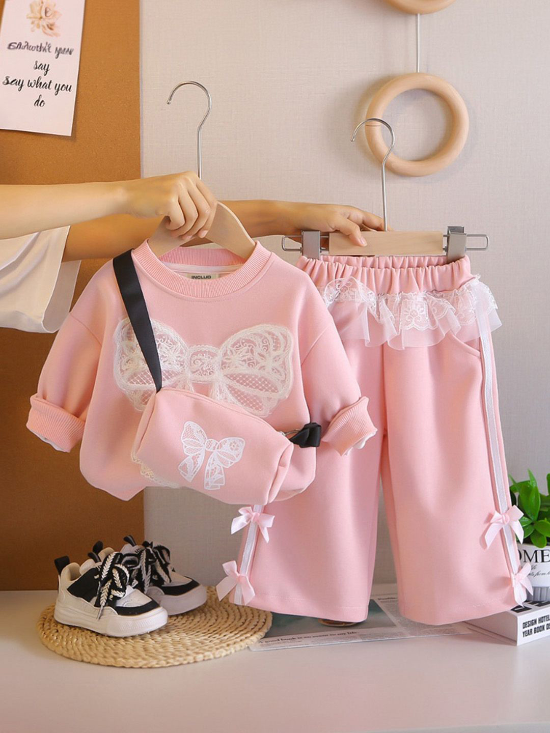 INCLUD Girls Bow Applique Round Neck Sweatshirt With Sling Bag And Pants