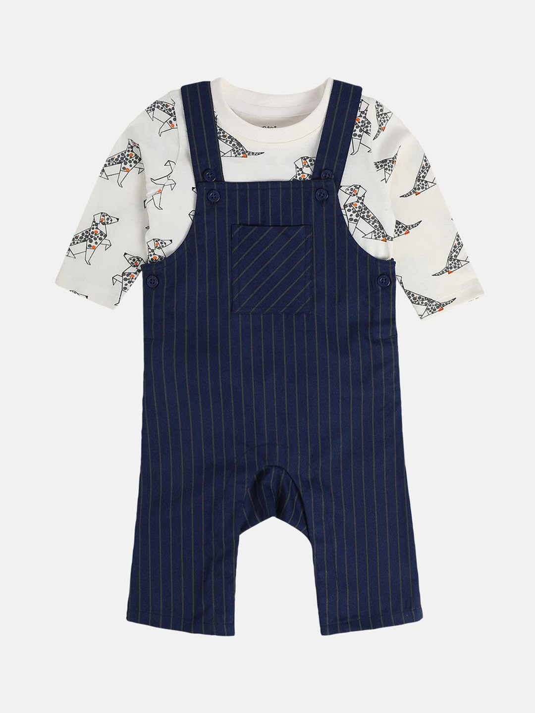 MINI KLUB Infant Boys Animal Printed Striped Dungarees With T-shirt