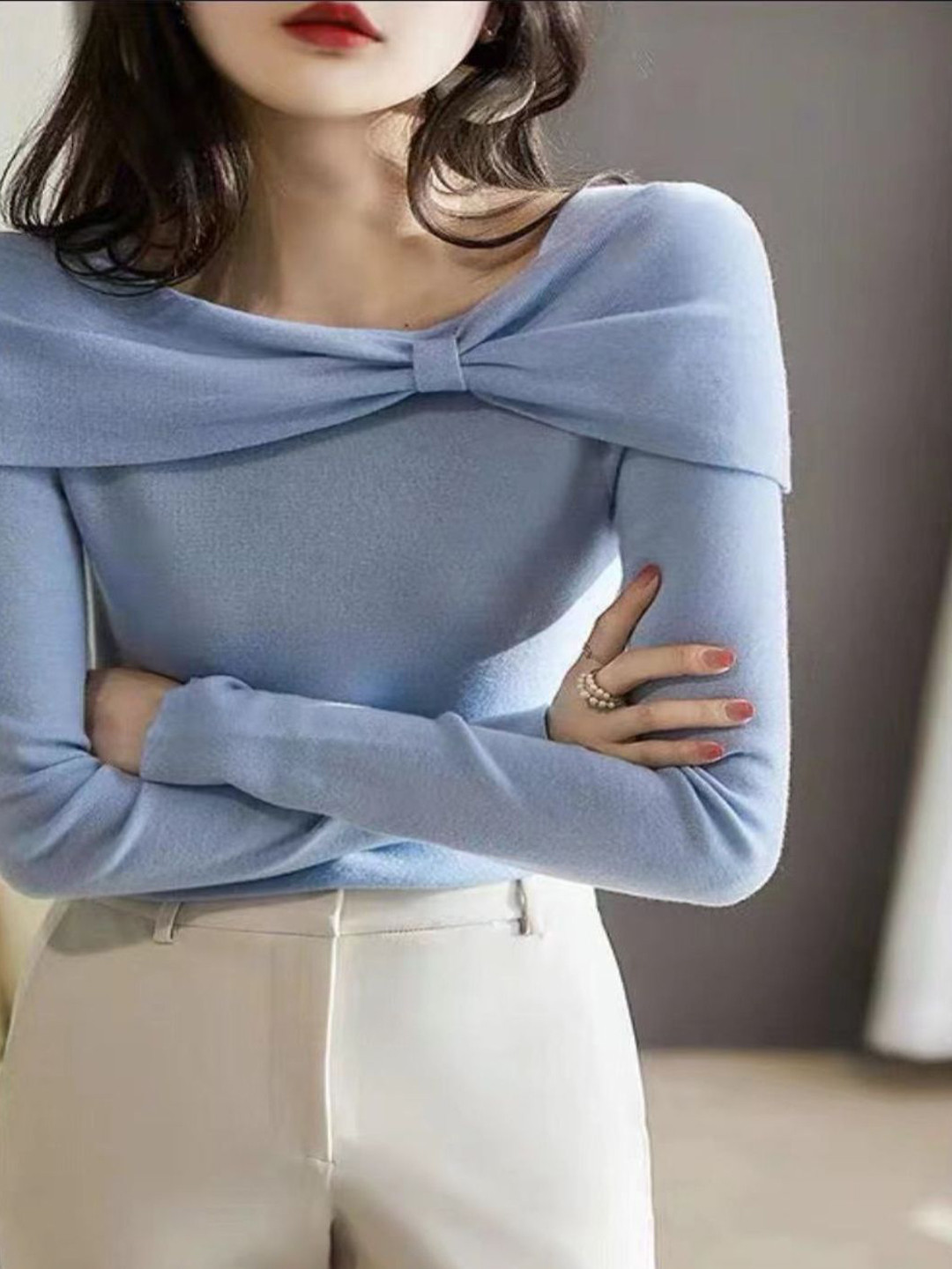 StyleCast Women Boat Neck Bow Detail Top