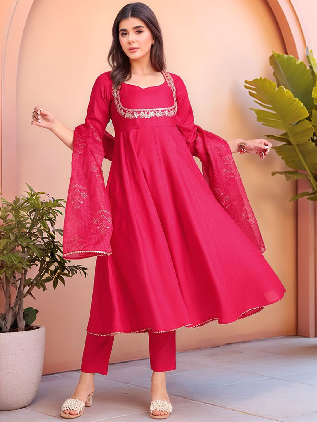 Moda Rapido Floral Yoke Design Zari Anarkali Kurta With Trousers & Dupatta