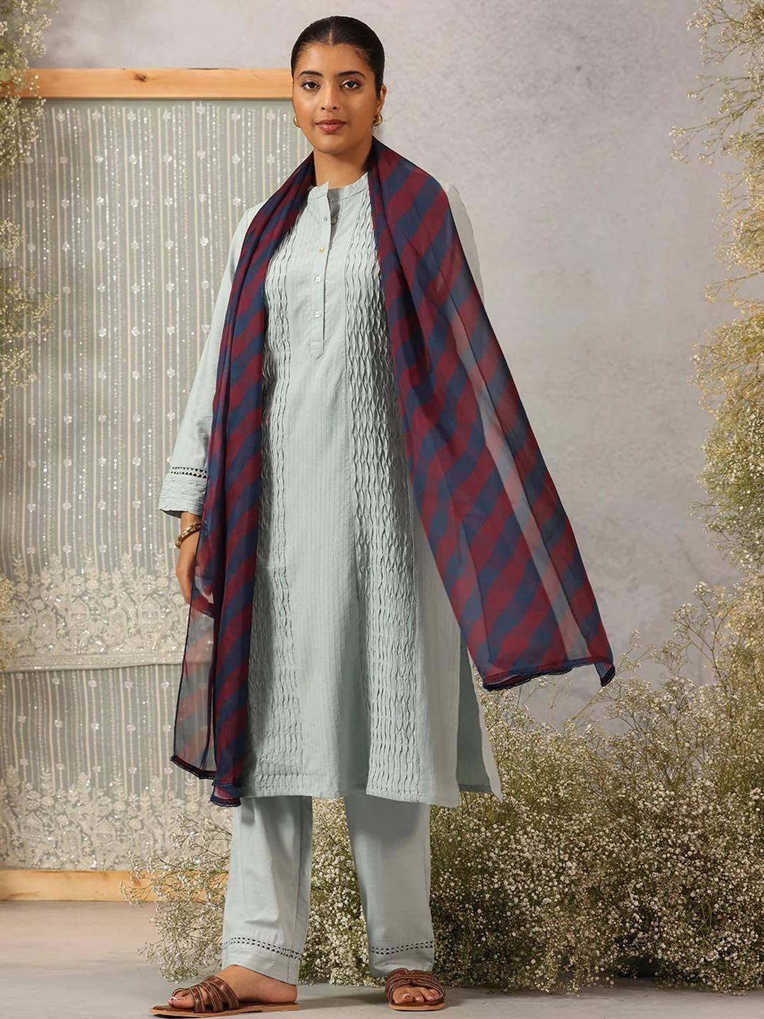 Lakshita Blue & Marron striped Printed Georgette Dupatta for Women