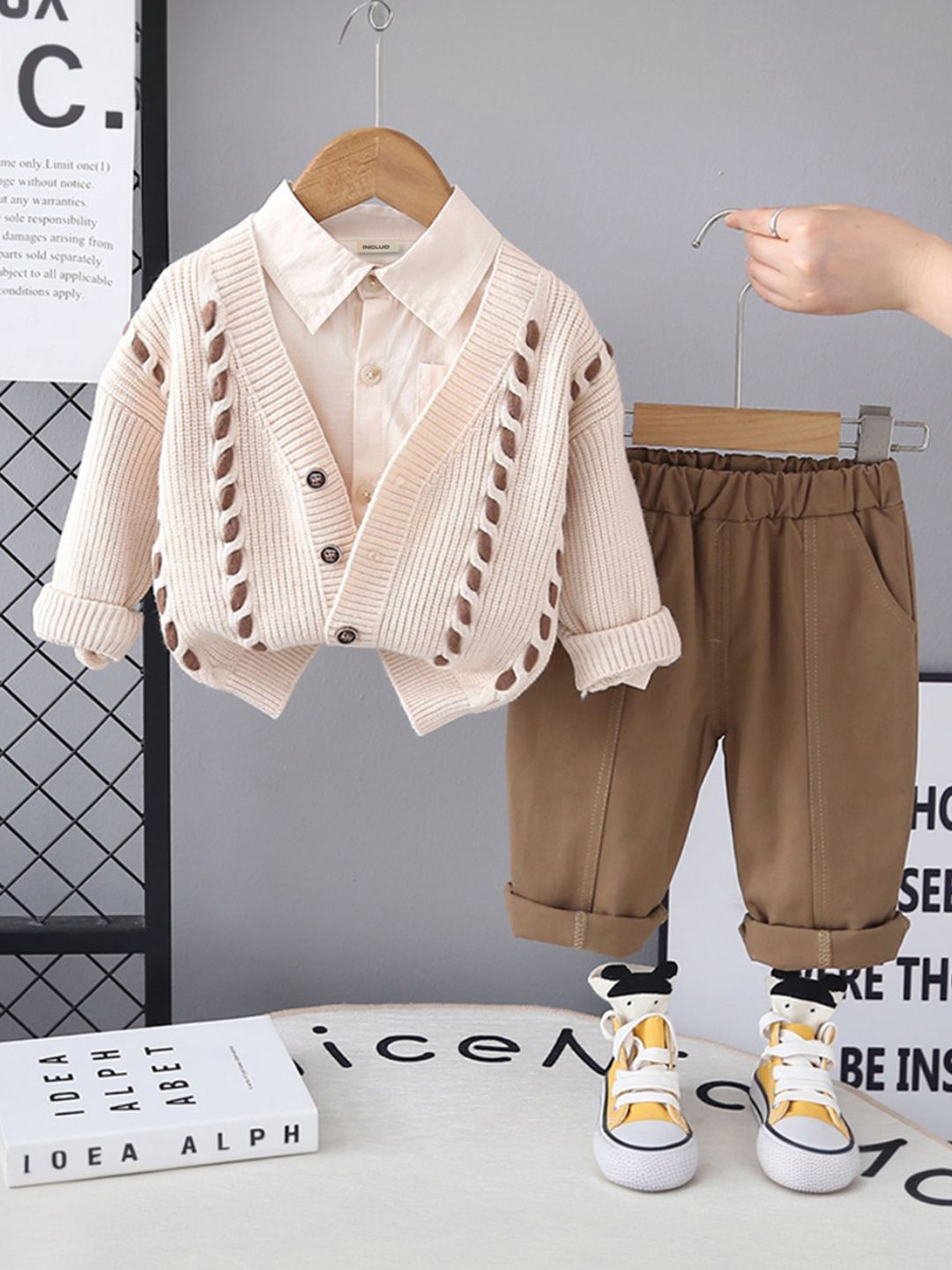 INCLUD Infant Boys Off White Self-Design V-Neck Cardigan With Shirt And Pants
