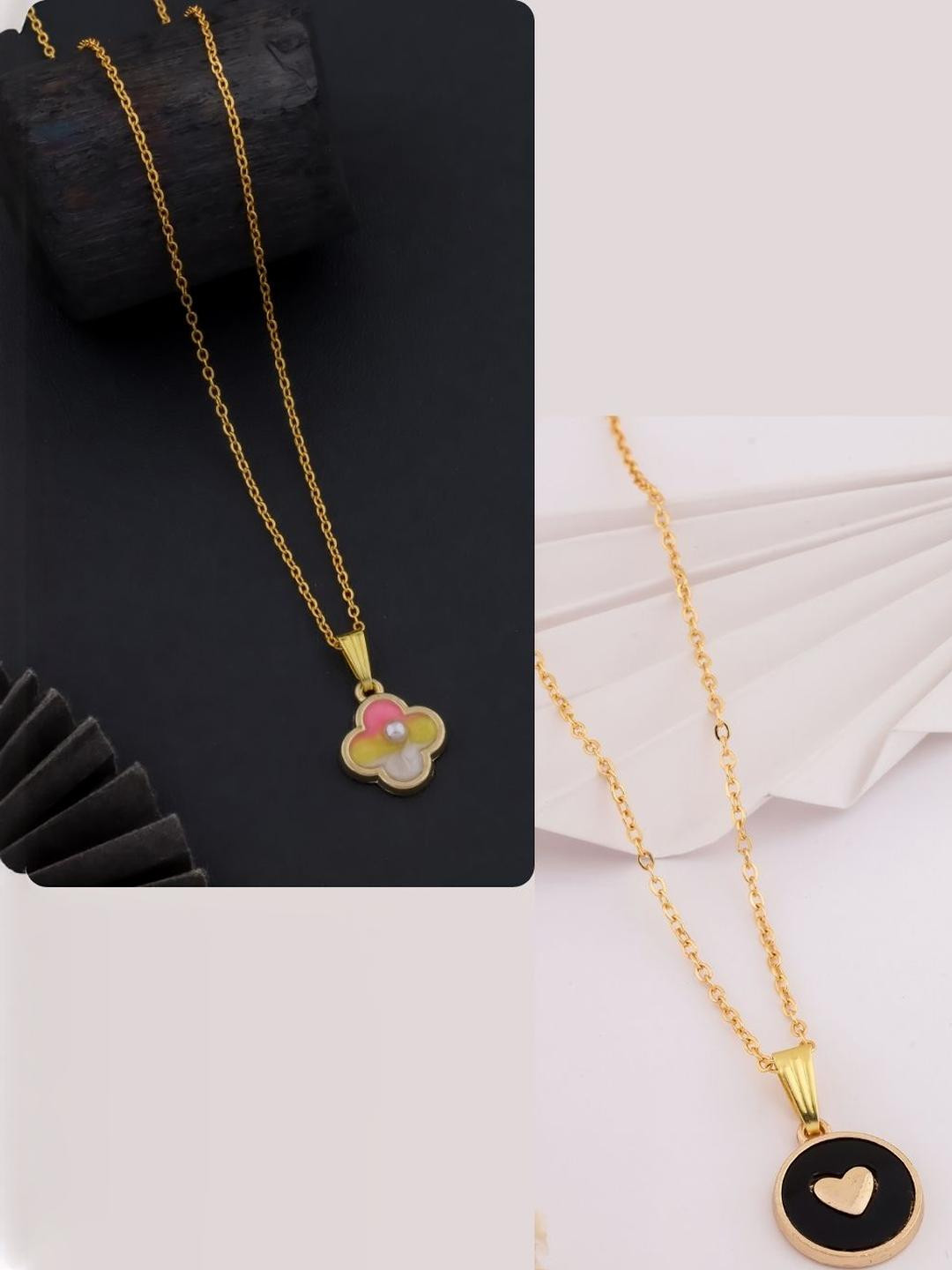 DressBerry Women Set Of 2 Brass Gold-Plated Clove Leaf & Heart Charm Chains