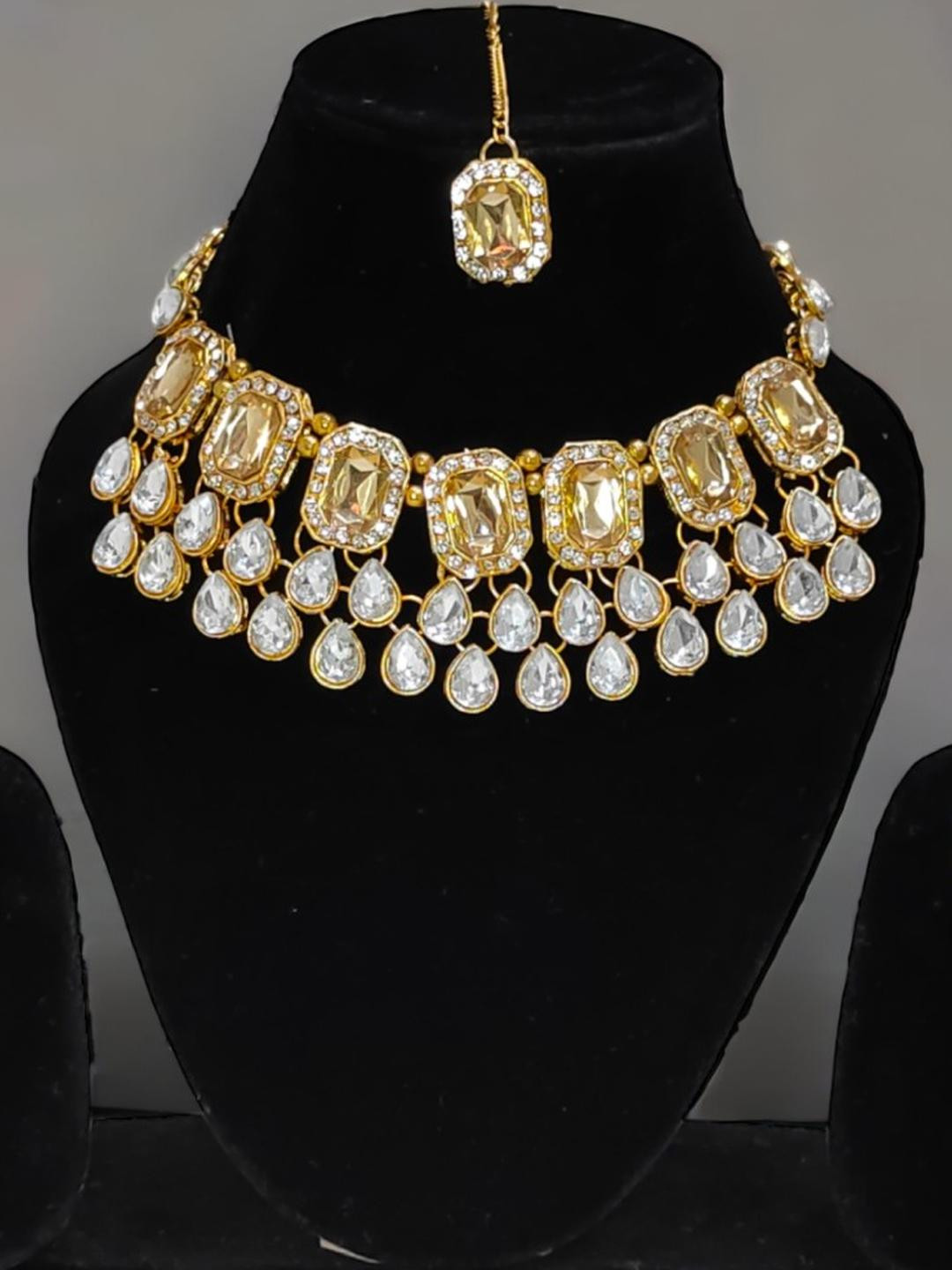 saadgallery Women White & Gold-Plated Artificial Stones & Beads Necklace With Earrings Set