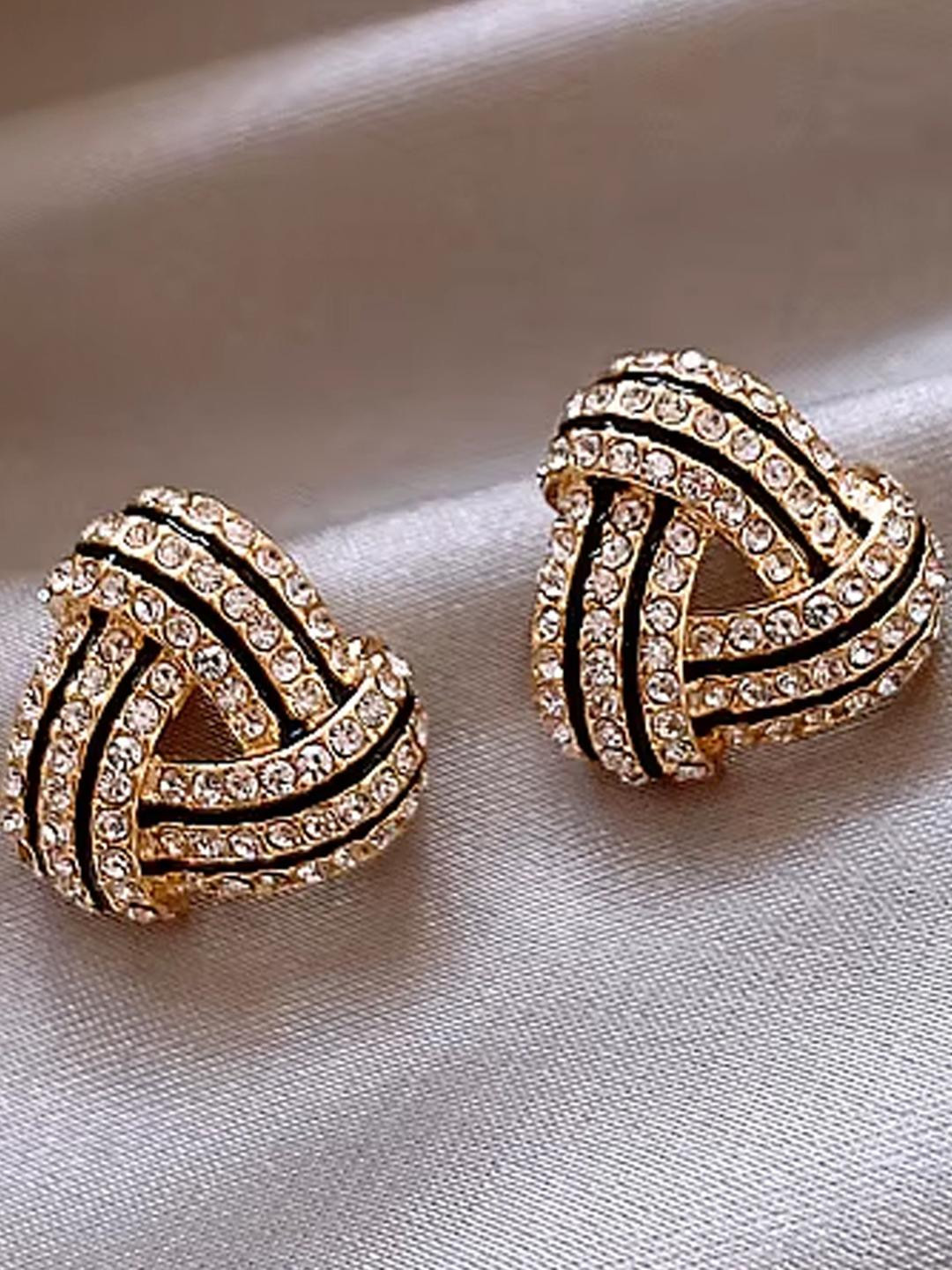 Rovlina Women Black & Gold-Plated Cubic Zirconia Triangular Studs Earrings