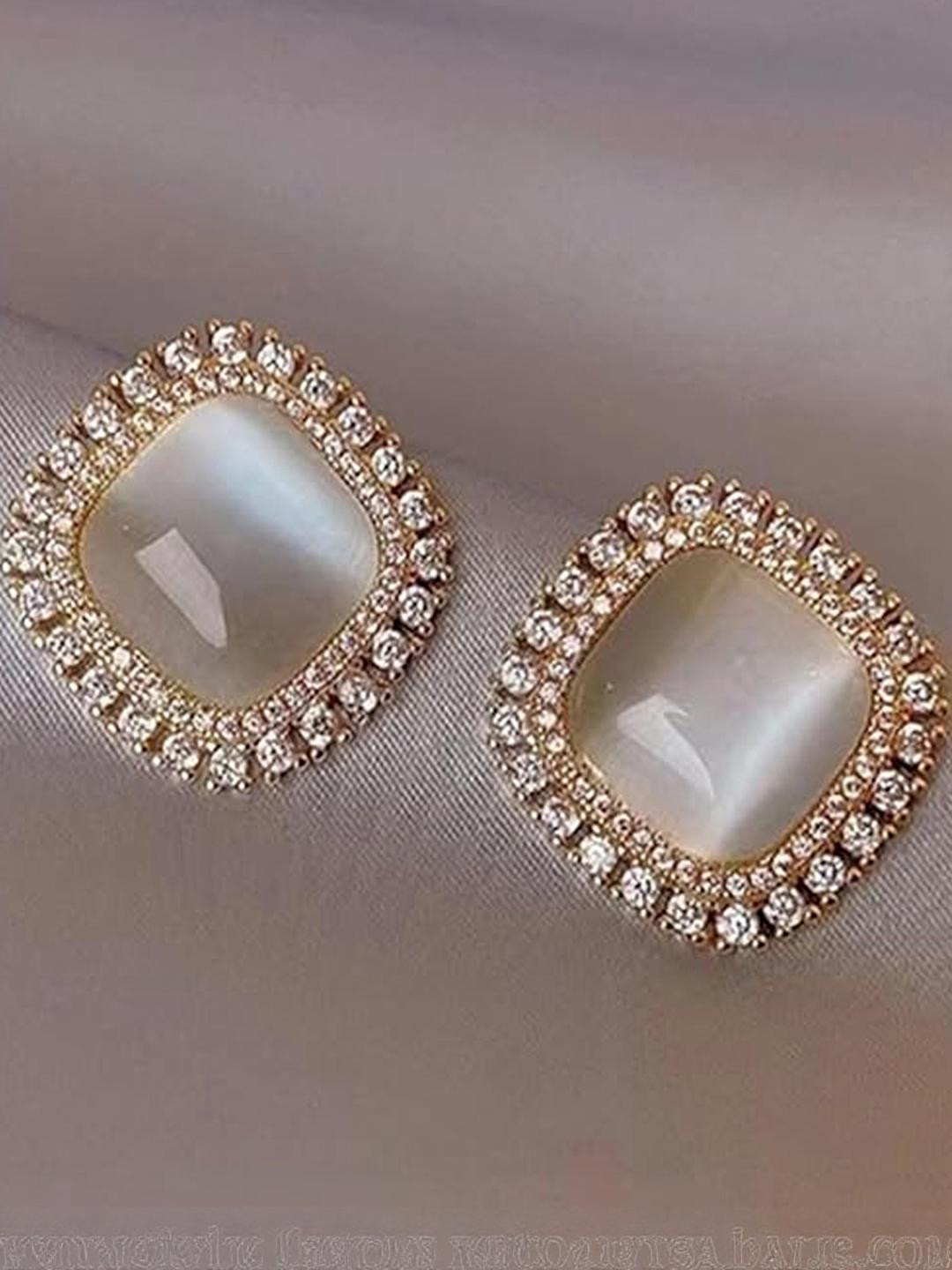 Rovlina Women Square Cubic Zirconia & Pearl Studded Gold Plated Studs