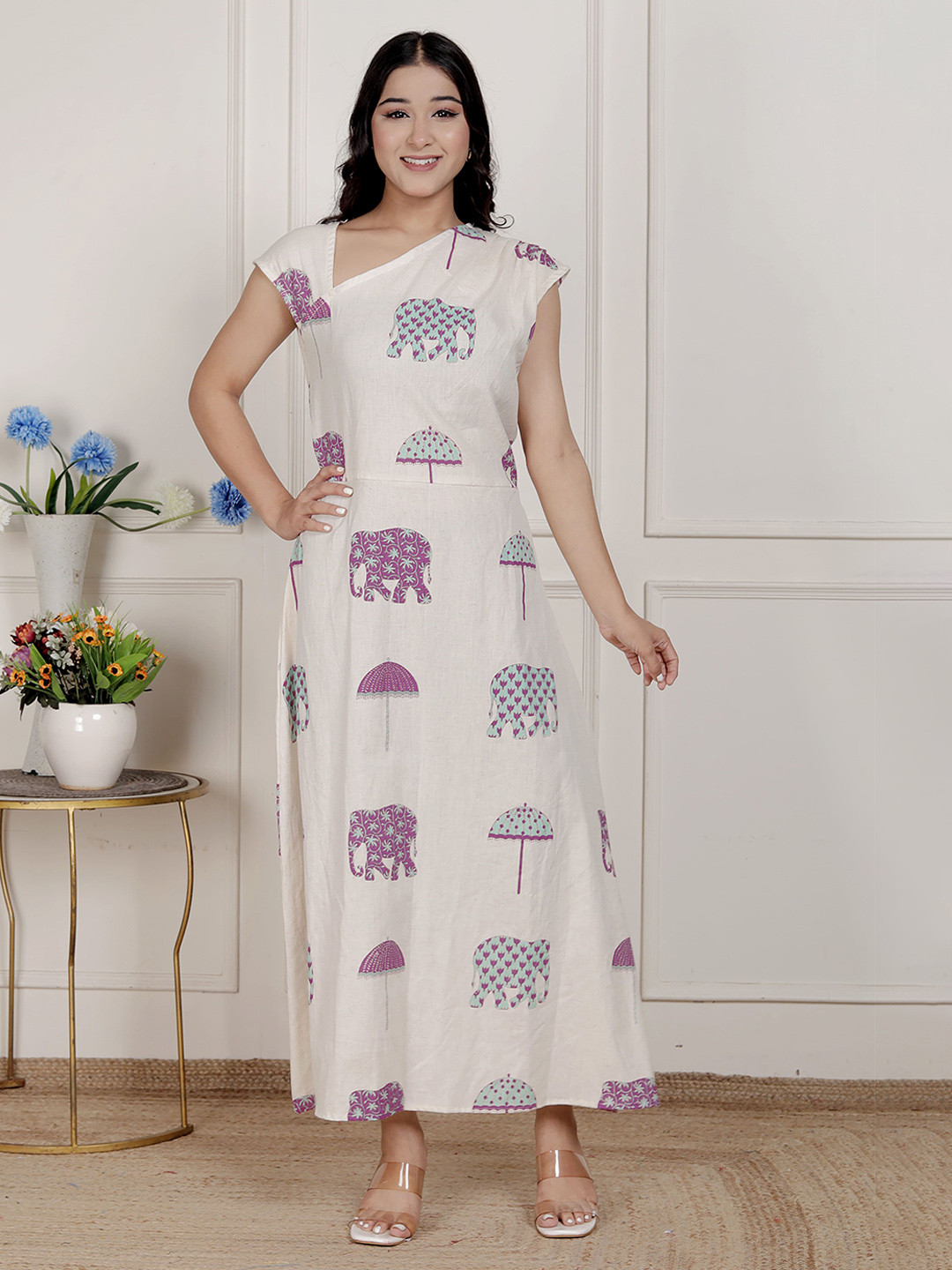 Doriyaan Conversational Printed Cape Sleeve Cotton A-Line Midi Dress