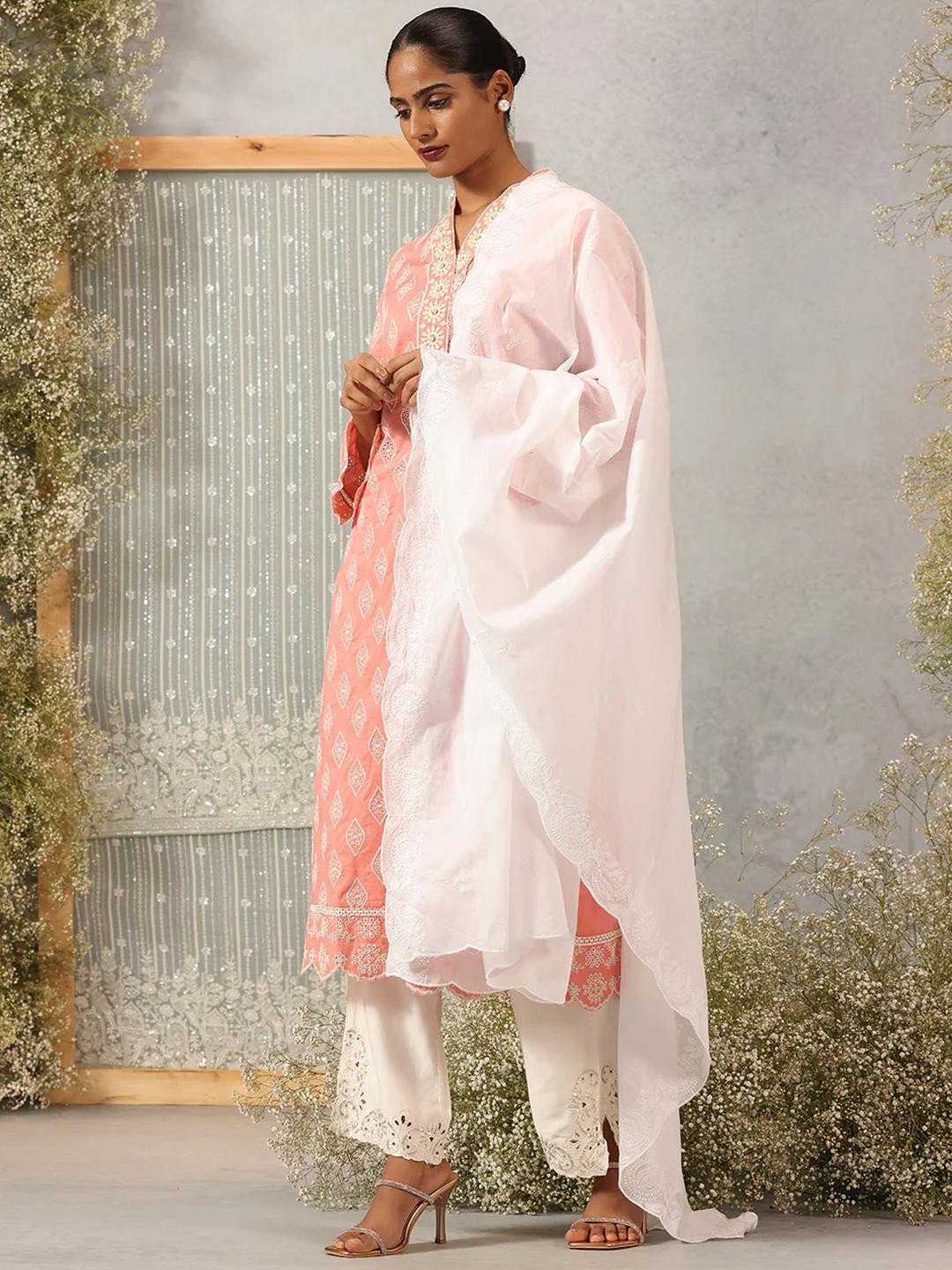 Lakshita Pearl White Embroidered Cotton Dupatta