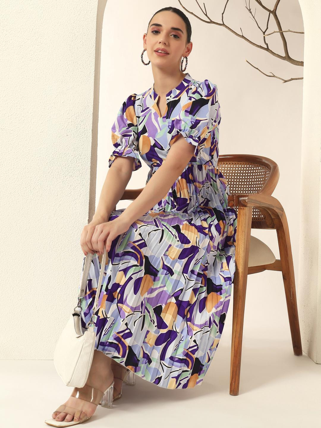 LookShine Women Purple Print Bell Sleeve Mandarin Collar A-Line Casual Midi Dress
