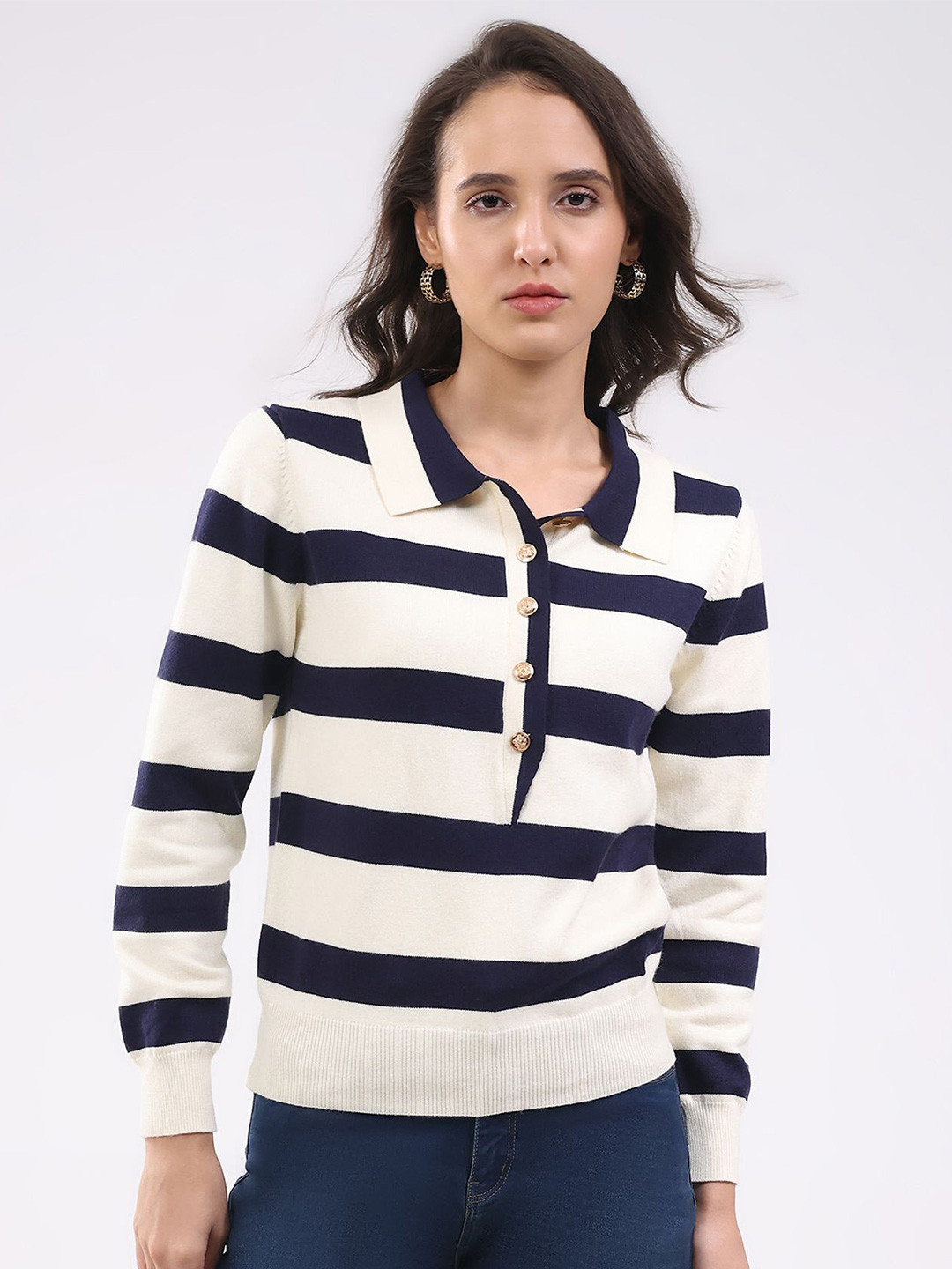 Global Republic Women Horizontal Stripes Striped Cuffed Sleeves Shirt Style Regular Top