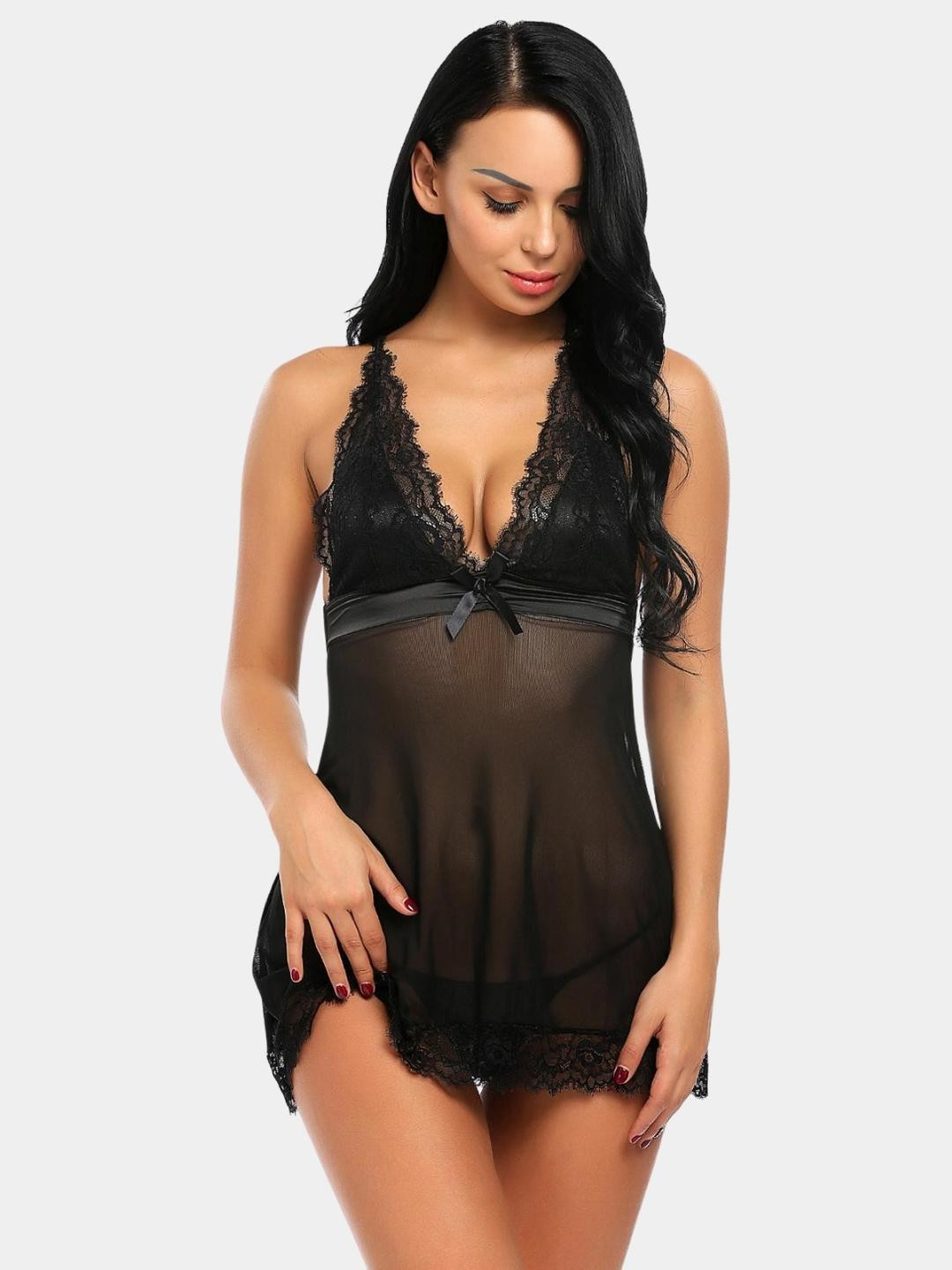 MYZA Women Black Nylon V-Neck See Through Backless Baby Doll With Brief