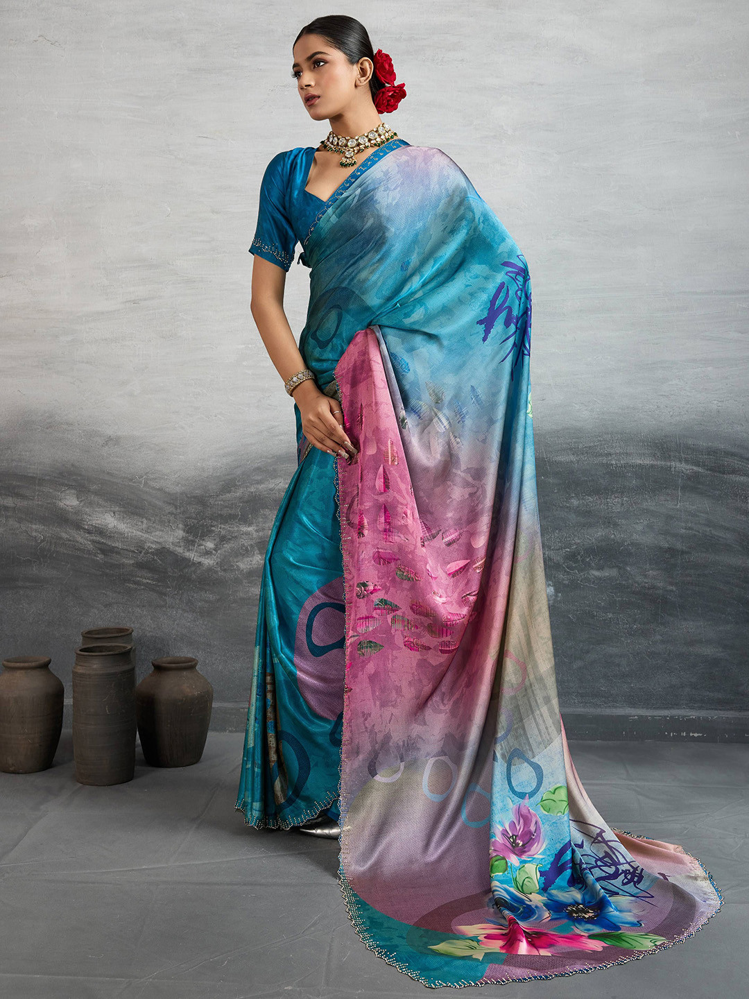 Sedora Couture Floral Printed Embellished Border Beads and Stones Satin Saree