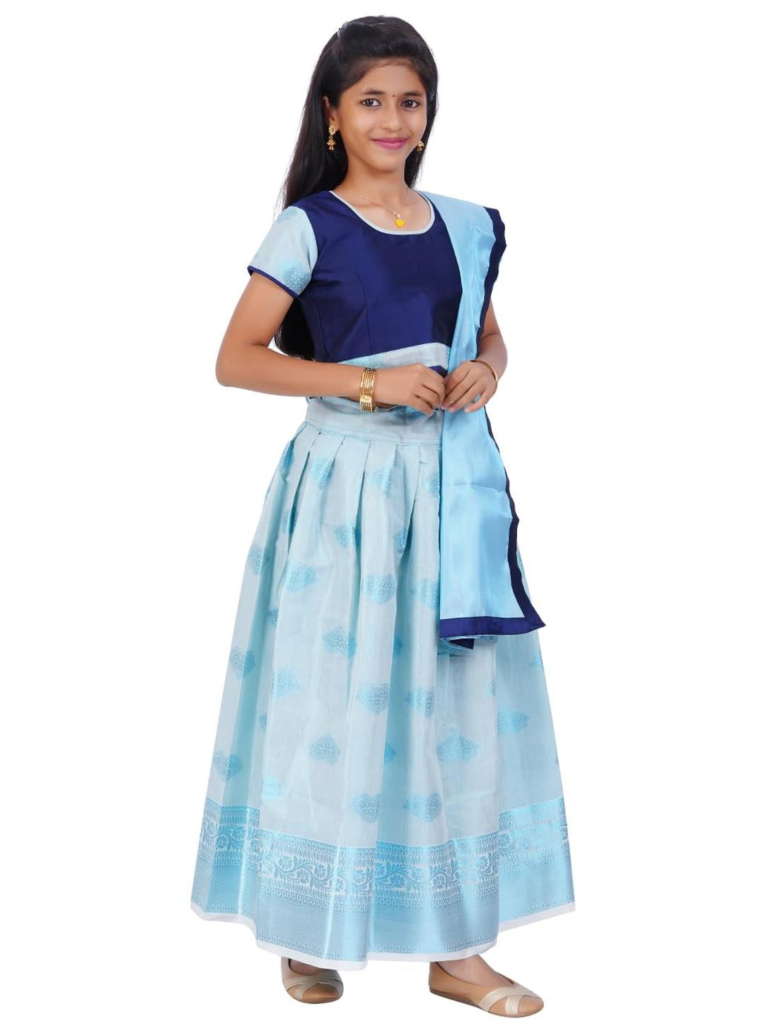 SKV ETHNIVERSE Girls Navy Blue And Blue Woven DesignLehenga Choli Set