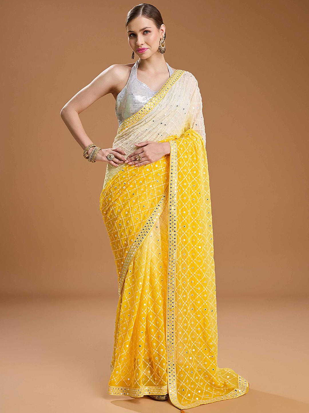 Peachmode Yellow Pure Georgette Embroidered Saree