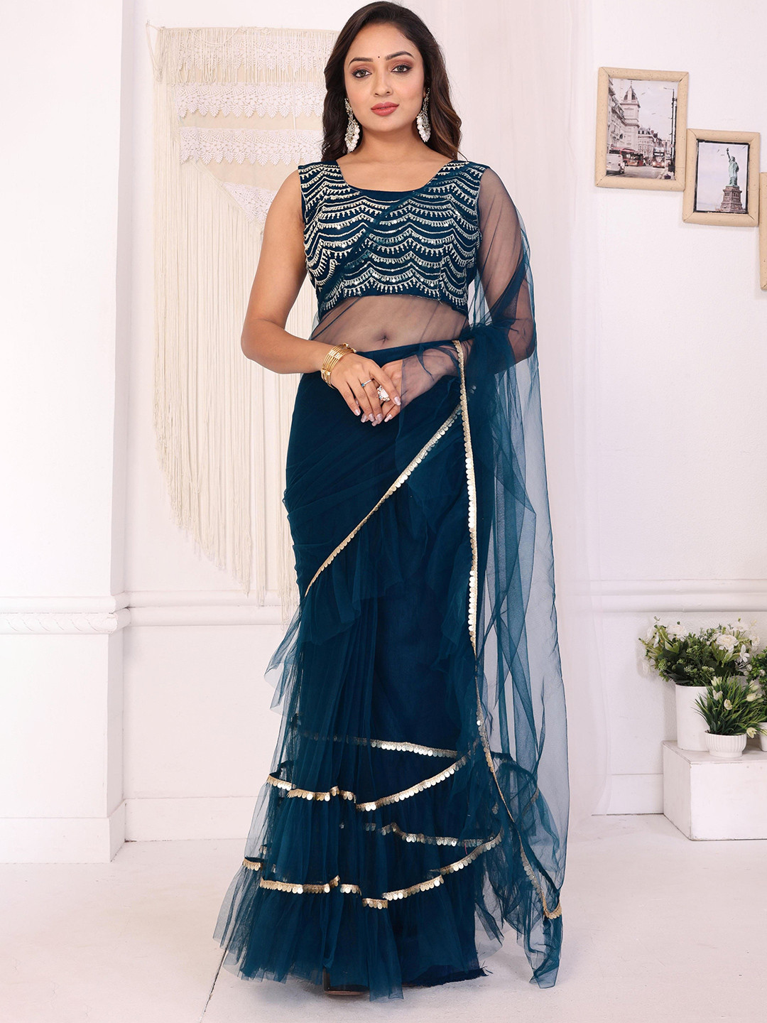 PATLANI STYLE Net Ready to Wear Ruffle Style Saree With Unstitched Embroidered Blouse
