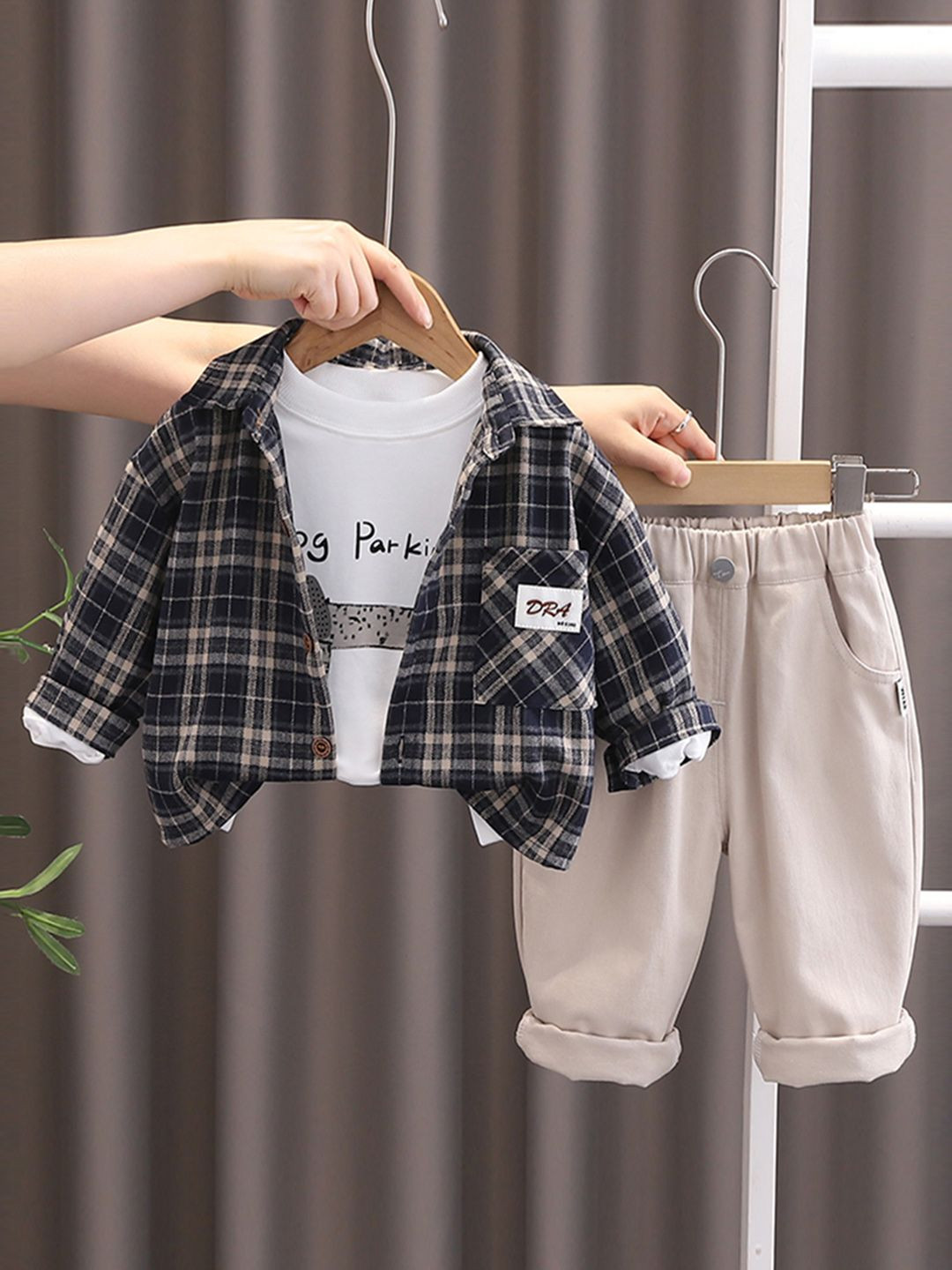 INCLUD Boys Checked Long Sleeves Shirt With T-Shirt & Joggers