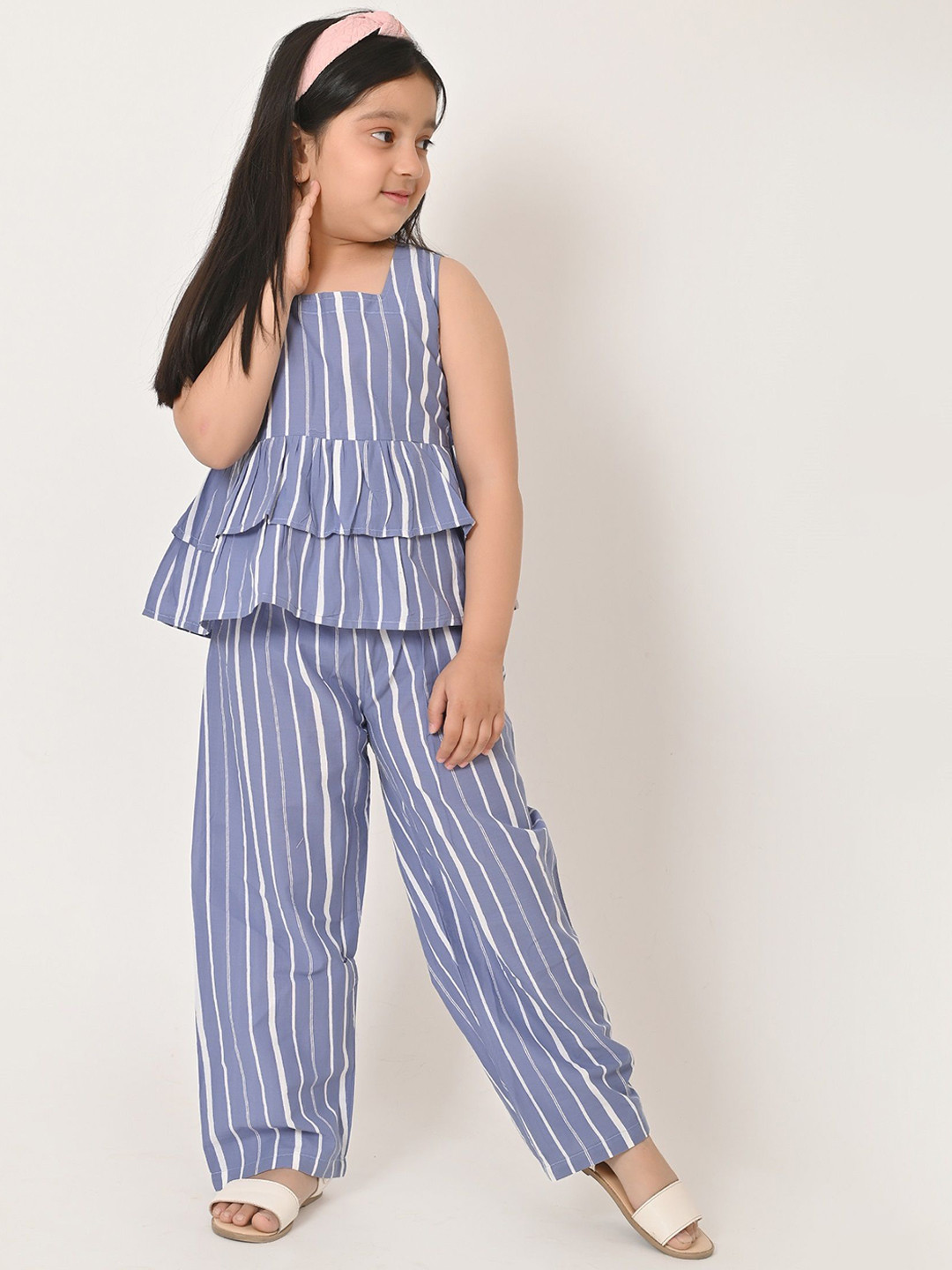 Gianna Girls Striped Pure Cotton Set of Lounge Wear Top & Bottom Co-ord