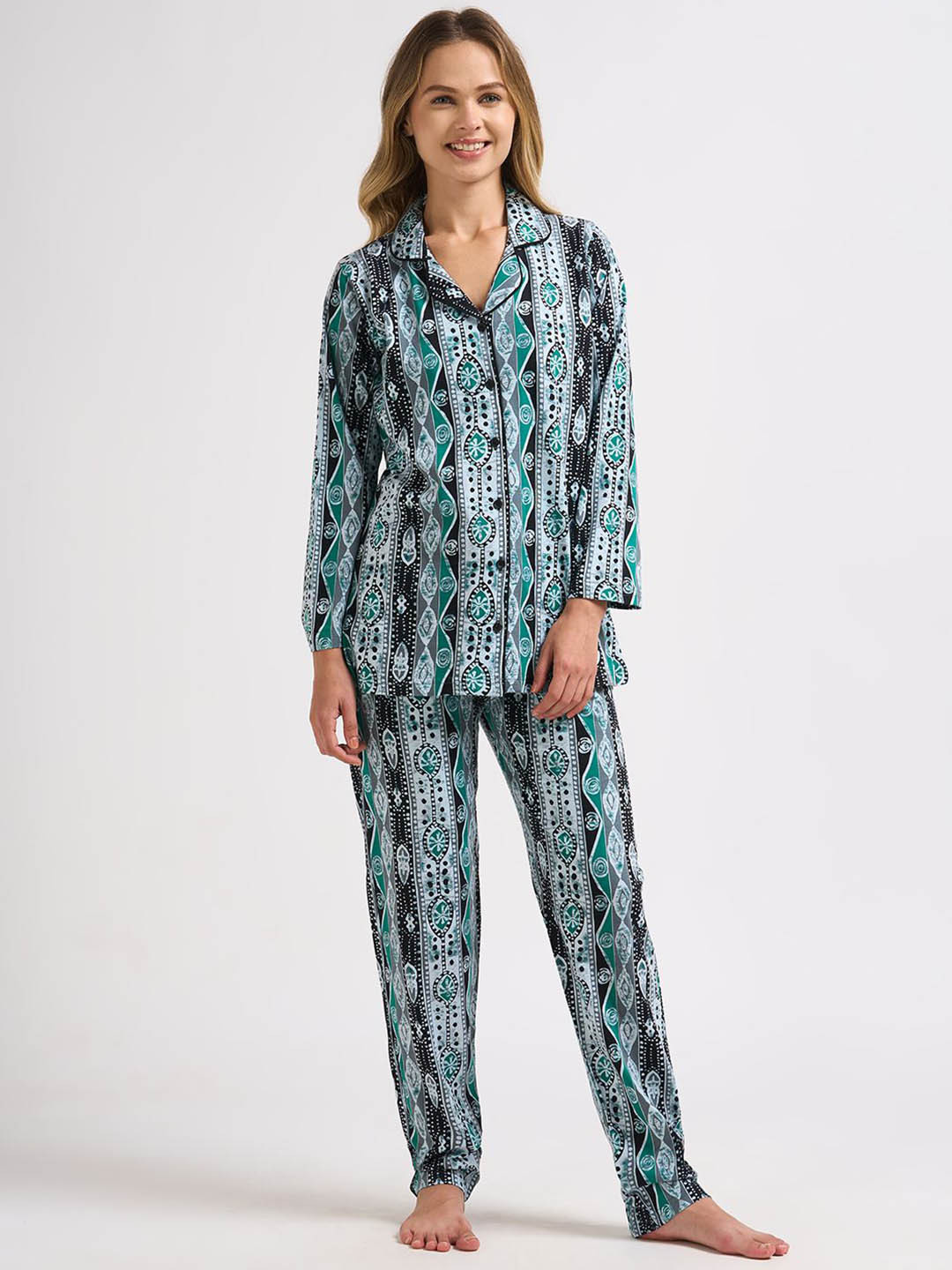 Juliana Dream Women Geometric Printed Lapel Collar Pure Cotton Night suit
