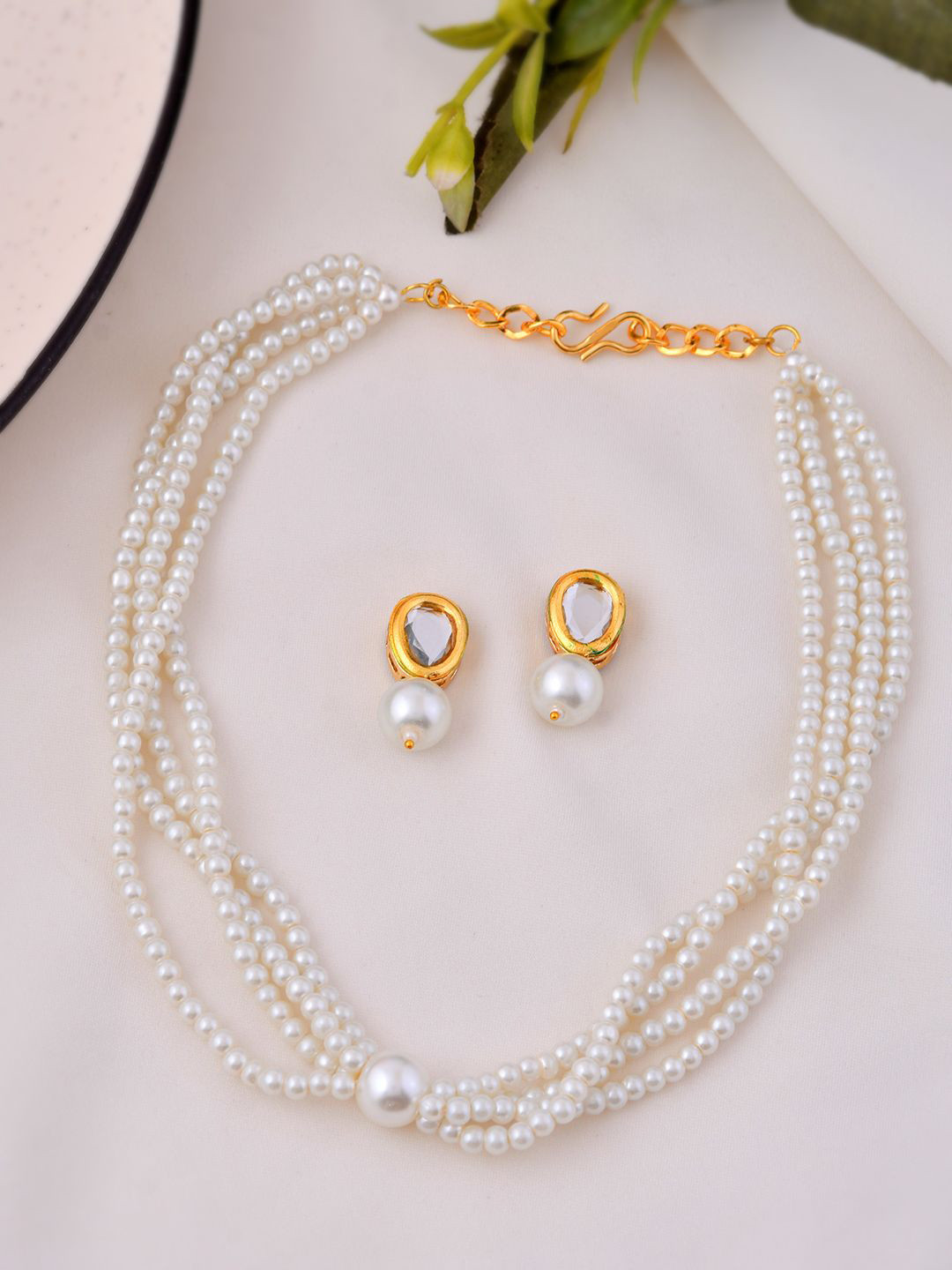 Silvermerc Designs Women Gold-Plated Pearl Multi-Strand Necklace & Earrings Jewellery Set